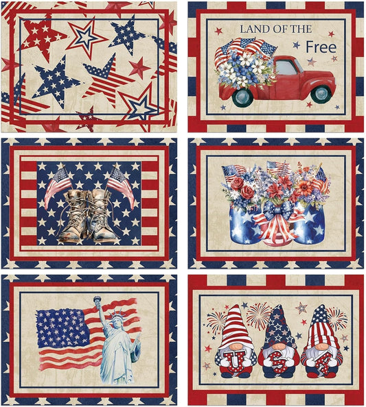 4th of July Placemats Set of 6 Patriotic Plastic Table Mats Independence Memorial Day Vintage America Flag Stars Stripe Place Mats Vinyl Table Decoration for Indoor Outdoor Party Kitchen Dining