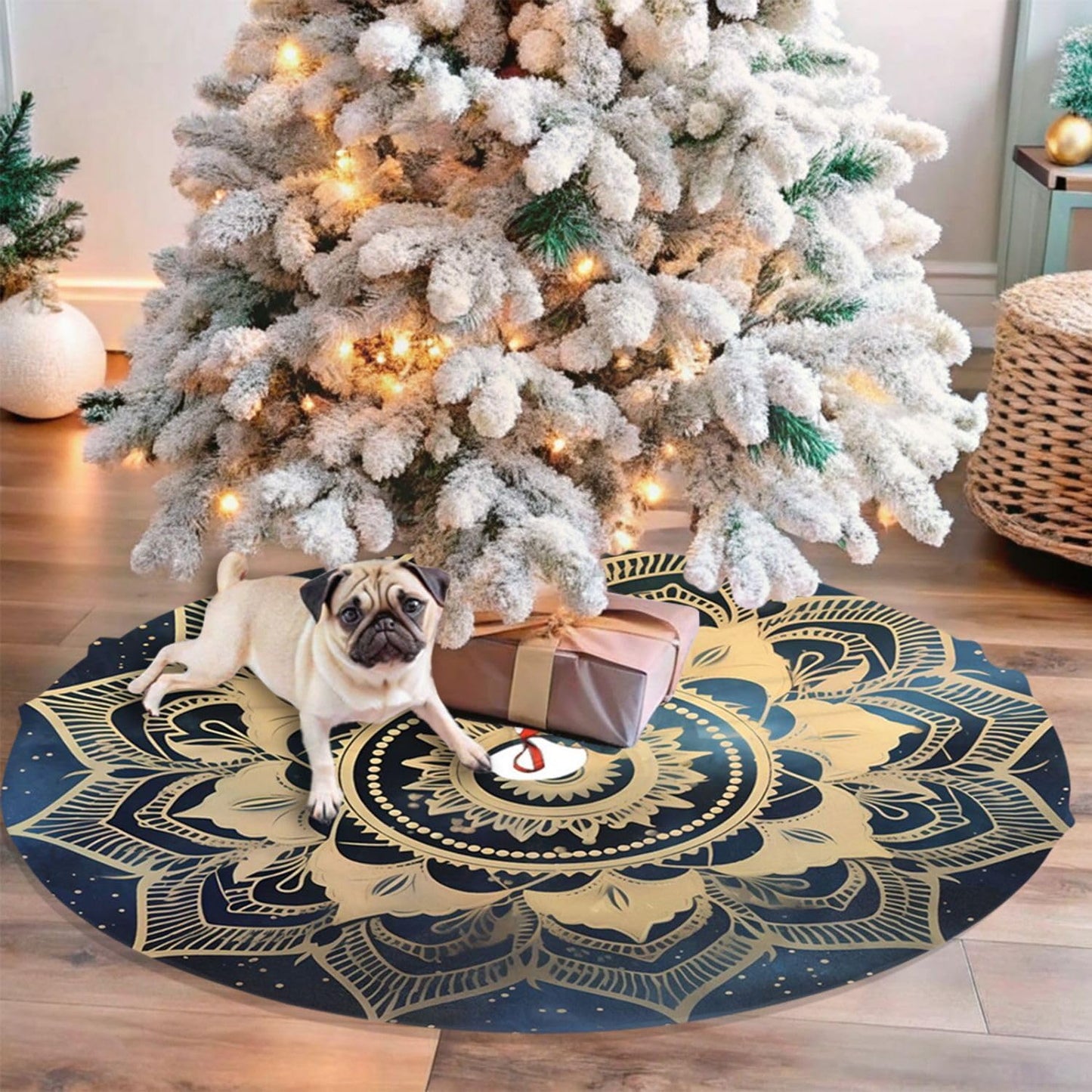36" Elegant Gold Mandala Christmas Tree Skirt, Blue Galaxy Tree Mat Base Cover for Xmas Festive Holiday Party Decoration Ornaments