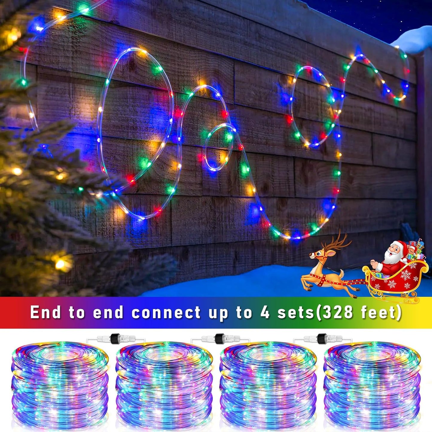 100FT 300 LED Rope Lights Outdoor, Connectable and Flexible Tube Lights with 8 Modes, Waterproof Indoor Rope Lighting for House, Deck, Garden, Backyard, Patio, Pool, Tree Decorations - Multicolor
