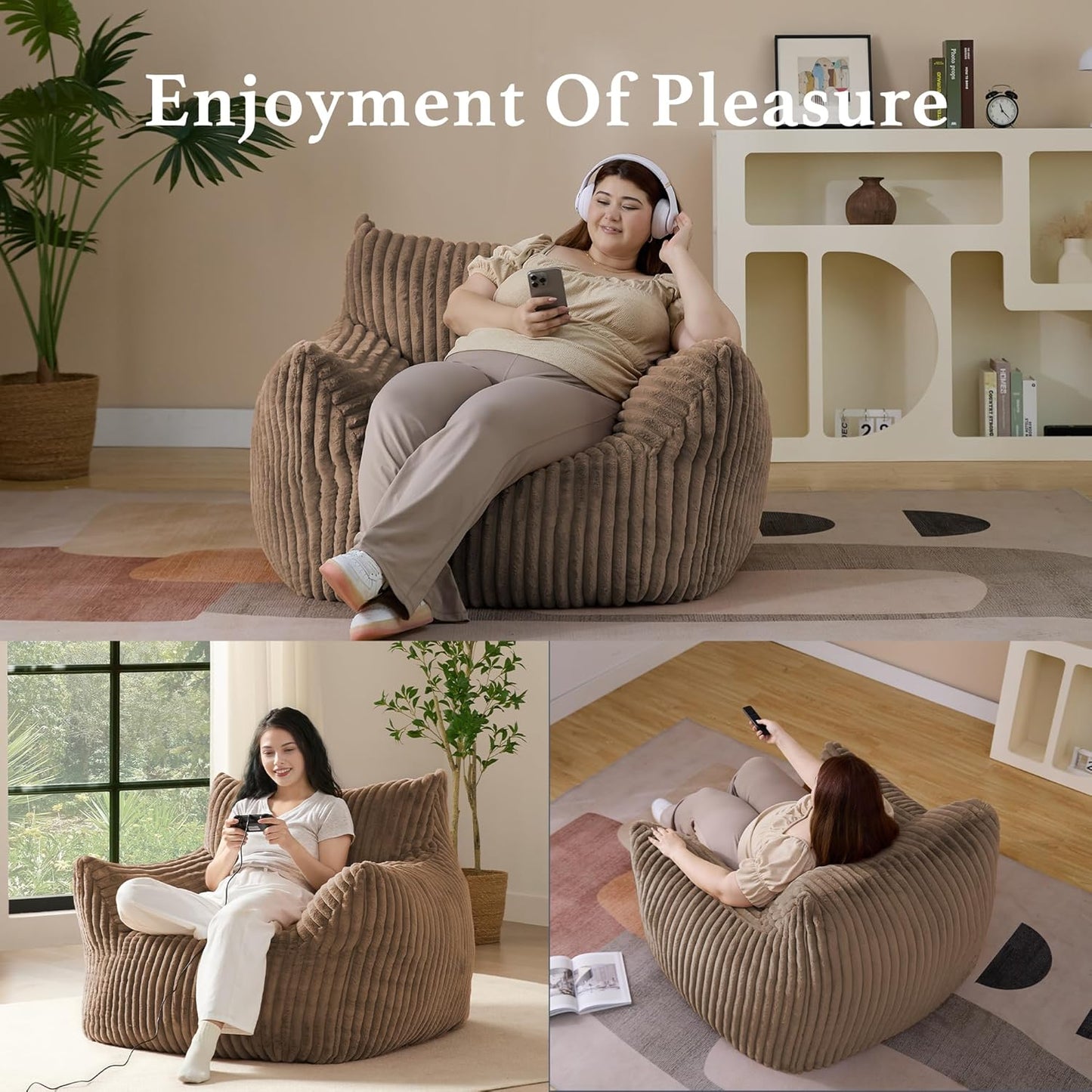 Giant Plush Bean Bag Chair for Adults with Armrests - Oversized Comfy Khaki Beanbag Lounge Lazy Floor Sofa Chair for Living Room, Bedroom & Dorm, Cozy Fluffy Single Cloud Mini Couch