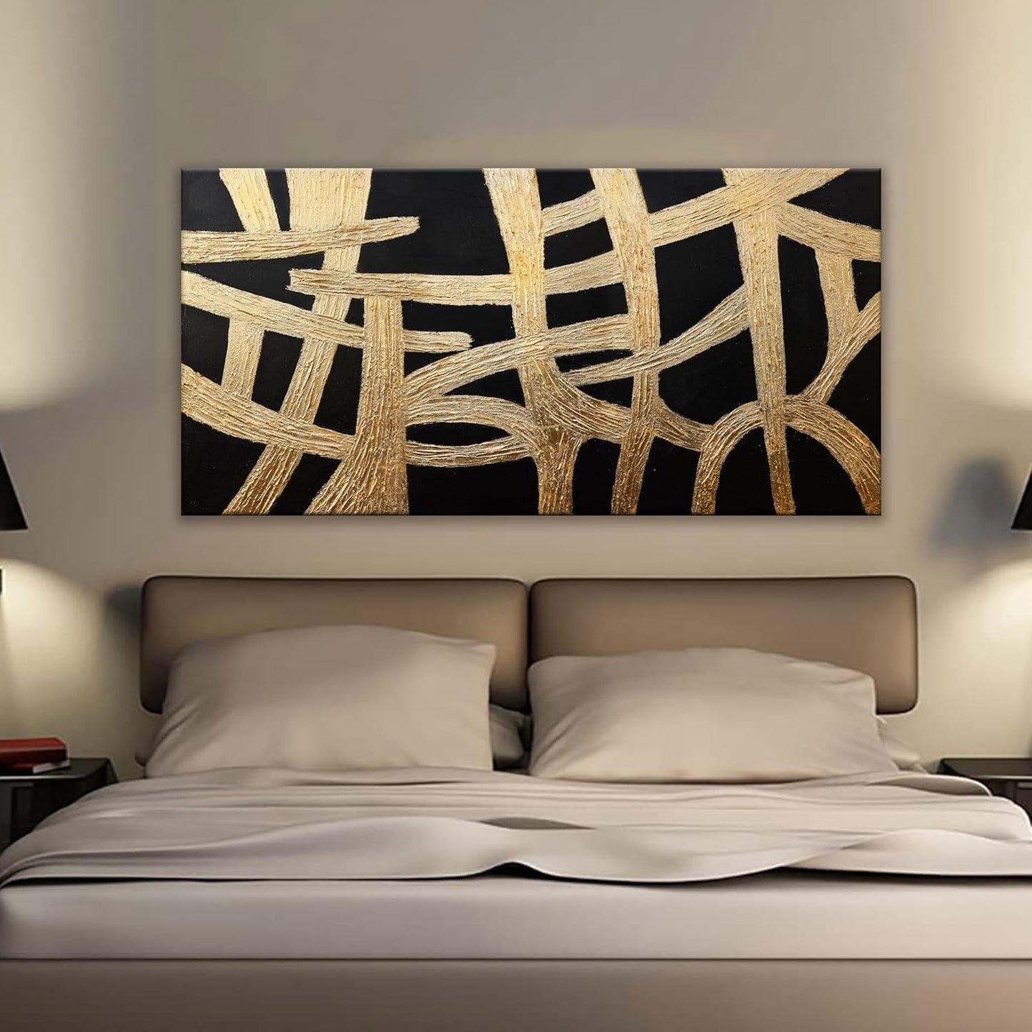 Abstract Wall Art Paintings Canvas Wall Art Decor Black And Gold Lines Artwork for Walls Texture Wall Decorations Modern Minimalist Wall Art Living Room Decor For Room Bedroom Office Wall Decor 24"X48"