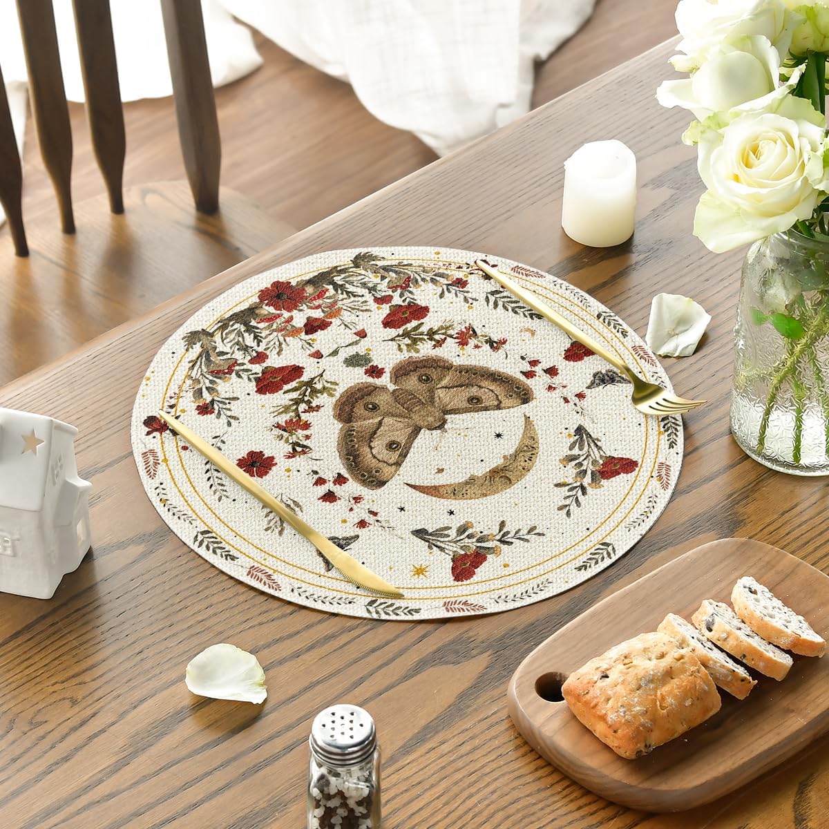 Artoid Mode Beige Poppy Moth Moon Round Placemats Set of 4, 14 Inch Floral Spring Round Table Mats for Party Kitchen Dining Decoration