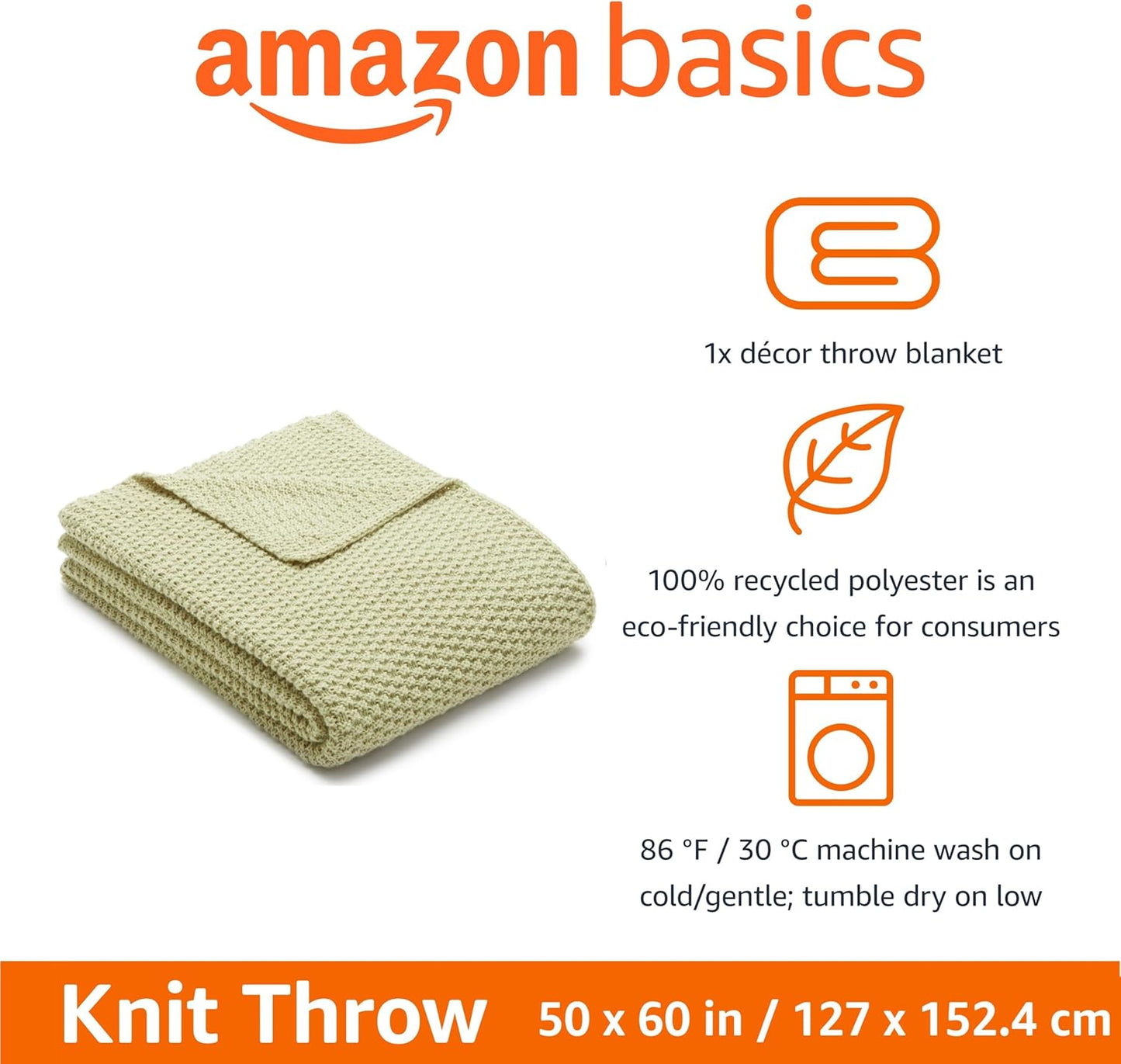 Amazon Basics Chunky Cable Knit Throw Blanket for Couch, Sofa, Bed, Lightweight Soft Cozy, Sage Green, 50"x 60"