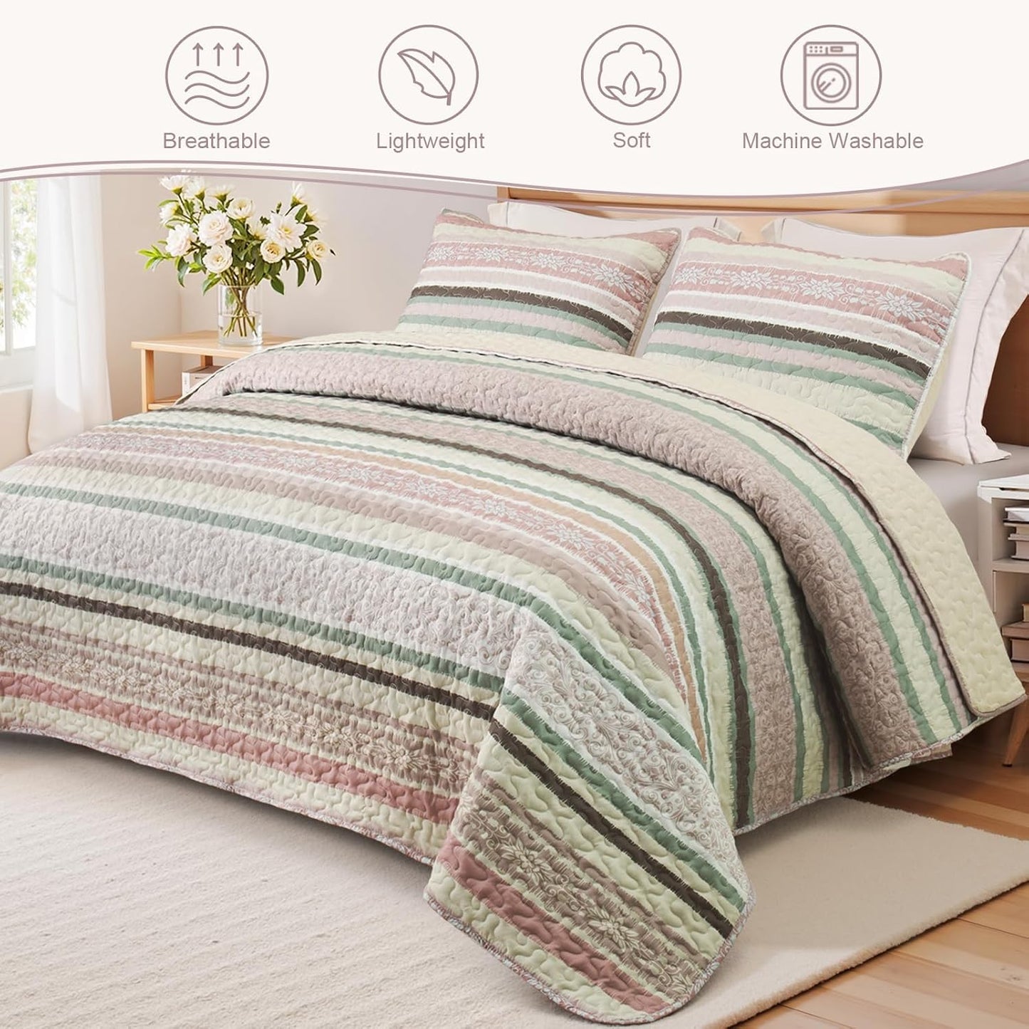 Exclusivo Mezcla Reversible Boho Quilt Set Queen Size, 3 Pieces Bohemian Pink All Season Bedspreads, Ultra Soft Floral Coverlet Bedding Set with Printed Pattern (1 Quilt, 2 Pillow Shams)