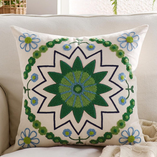 Embroidered Throw Pillow Cover 18x18 Classic Boho Floral Pattern Pillows Cover Outdoor Decorative Pillowcase,Durable Cozy Textured Cushion Case for Sofa Couch Bed Living Room,Green