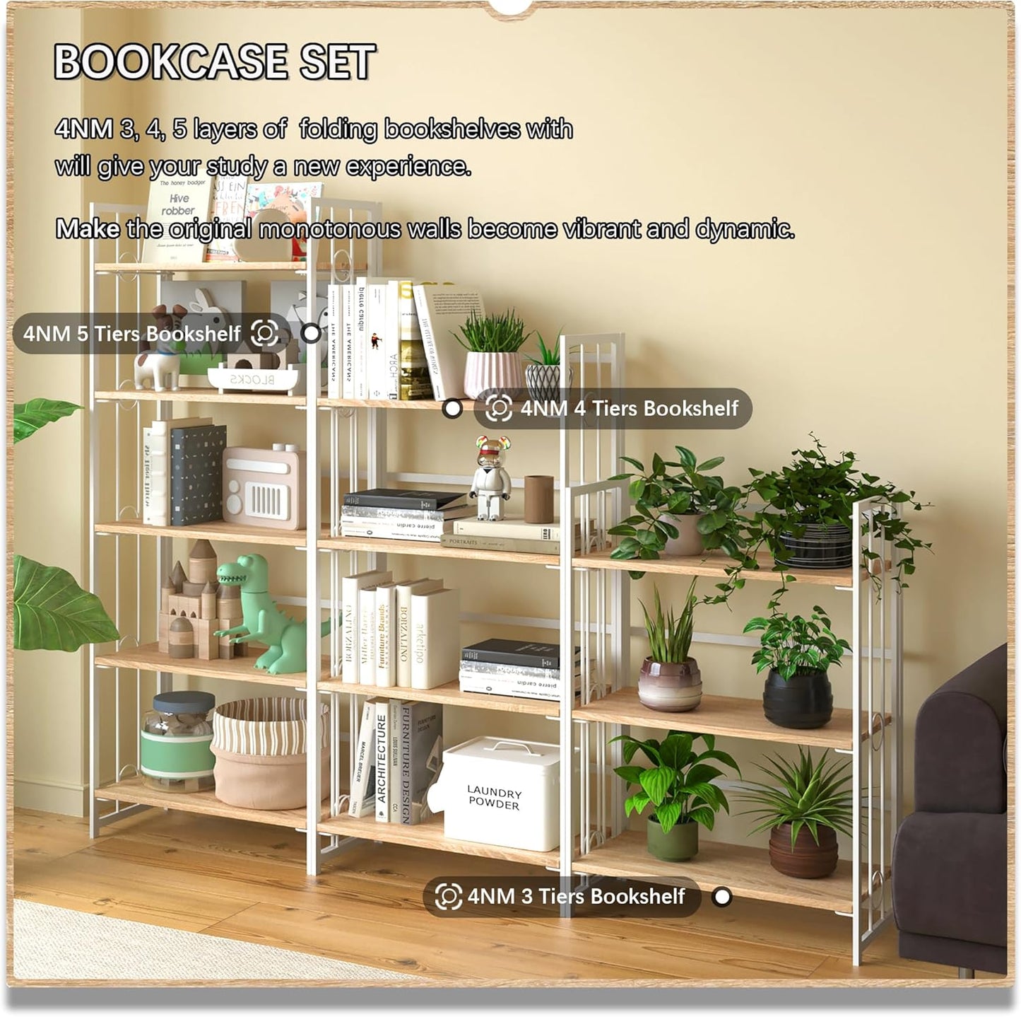 4NM No Assembly 4 Tiers Folding Bookshelf, 47.2" H Foldable Storage Shelves Vintage Bookcase Standing Racks Study Organizer Home Office - Natural White