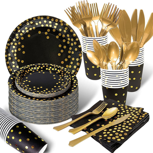 AIRE 175PCS Black and Gold Paper Plates Party Supplies for 25 Guests Disposable Party Decorations Dinnerware Golden Dot Black Paper Plates Napkins Cups Gold Plastic Forks Knives Spoons for Parties