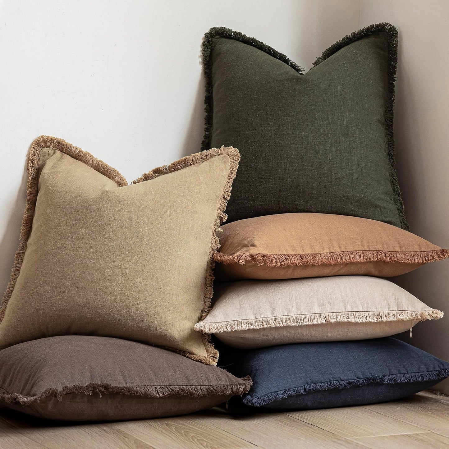 Foindtower Set of 2 Decorative Linen Fringe Throw Pillow Covers Farmhouse Cushion Cover with Tassels Soft Accent Pillowcase for Couch Chair Sofa Bed Living Room Home Decor,20×20 Inch,Light Khaki Taupe