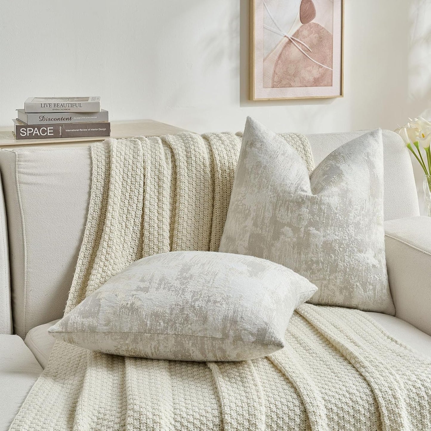 FUTEI Beige White Decorative Throw Pillow Covers 24x24 Inch Set of 2,Soft Faux Cashmere Jacquard - Textured & Cozy Euro Pillow Shams,Modern Home Decor for Couch Bed Living Room