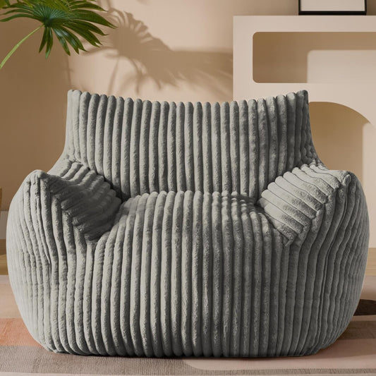 Giant Plush Bean Bag Chair for Adults with Armrests - Oversized Comfy Light Grey Beanbag Lounge Lazy Floor Sofa Accent Chair for Living Room, Bedroom & Dorm, Cozy Fluffy Single Cloud Mini Couch