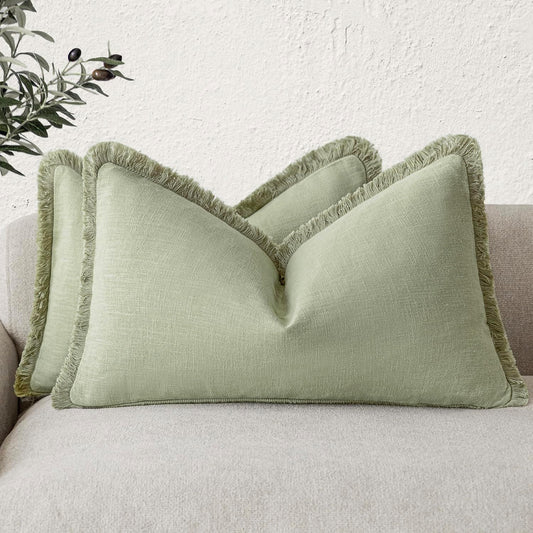 Foindtower Set of 2 Decorative Linen Fringe Lumbar Throw Pillow Covers Farmhouse Cushion Cover with Tassels Soft Accent Pillowcase for Couch Sofa Bed Living Room Home Decor,12×20 Inch,Light Sage Green