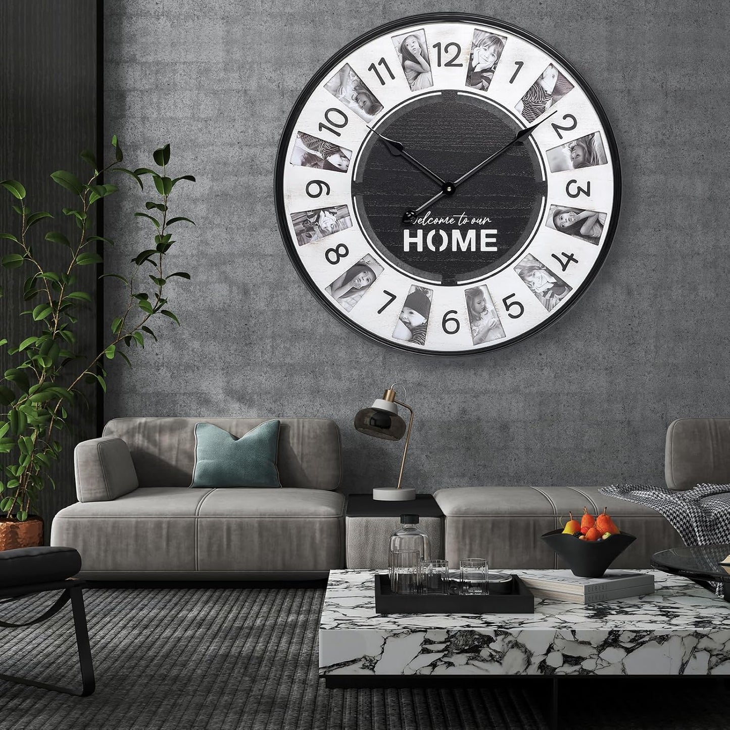 12 Photo Collage Rustic Farmhouse Wood Wall Clock,Large Wall Clock for Living Room Decor, Modern Big Wall Watch Battery Operated Decorative Clock with Personalized Frames for Bedroom,Wall Black