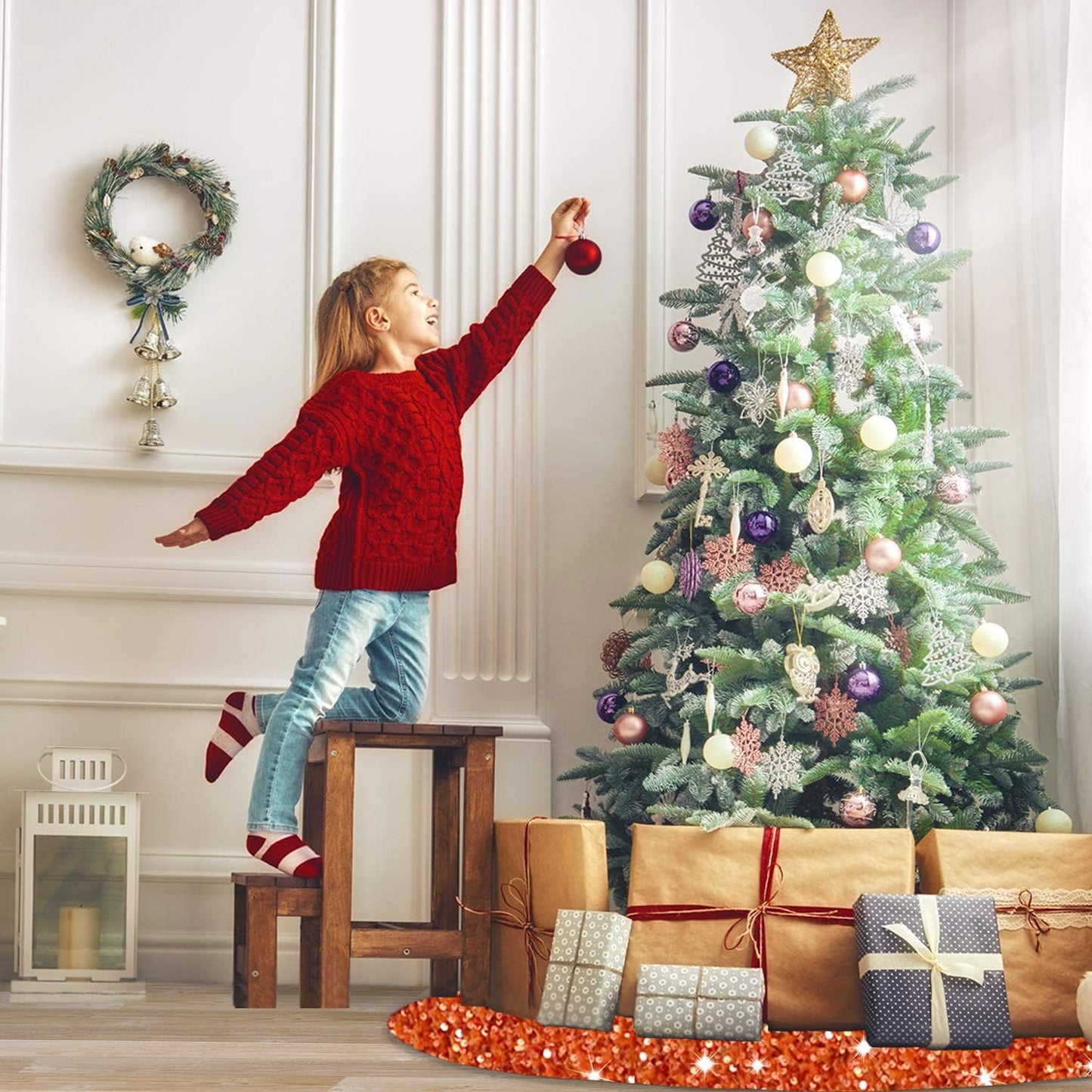 36 Inch Christmas Tree Skirt Sequin Burnt Orange Xmas Tree Skirt Halloween Christmas Tree Skirts Shimmer Tree Skirts Christmas Decoration Sparkle Tree Base Cover for Christmas Halloween Party Decor