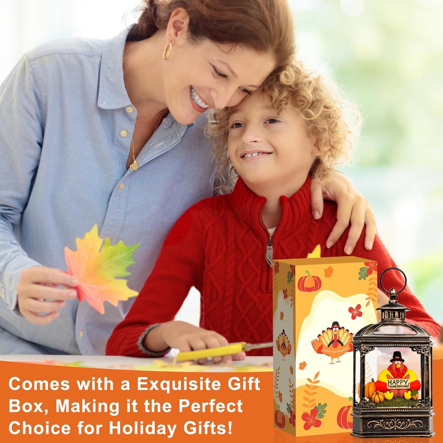 Fall Snow Globe Lantern -Thanksgiving Turkey with Pumpkins Spinning Water Lantern with Swirling Glitter Fall Decorations for Home, Thanksgiving, Autumn Harvest Fall Decor