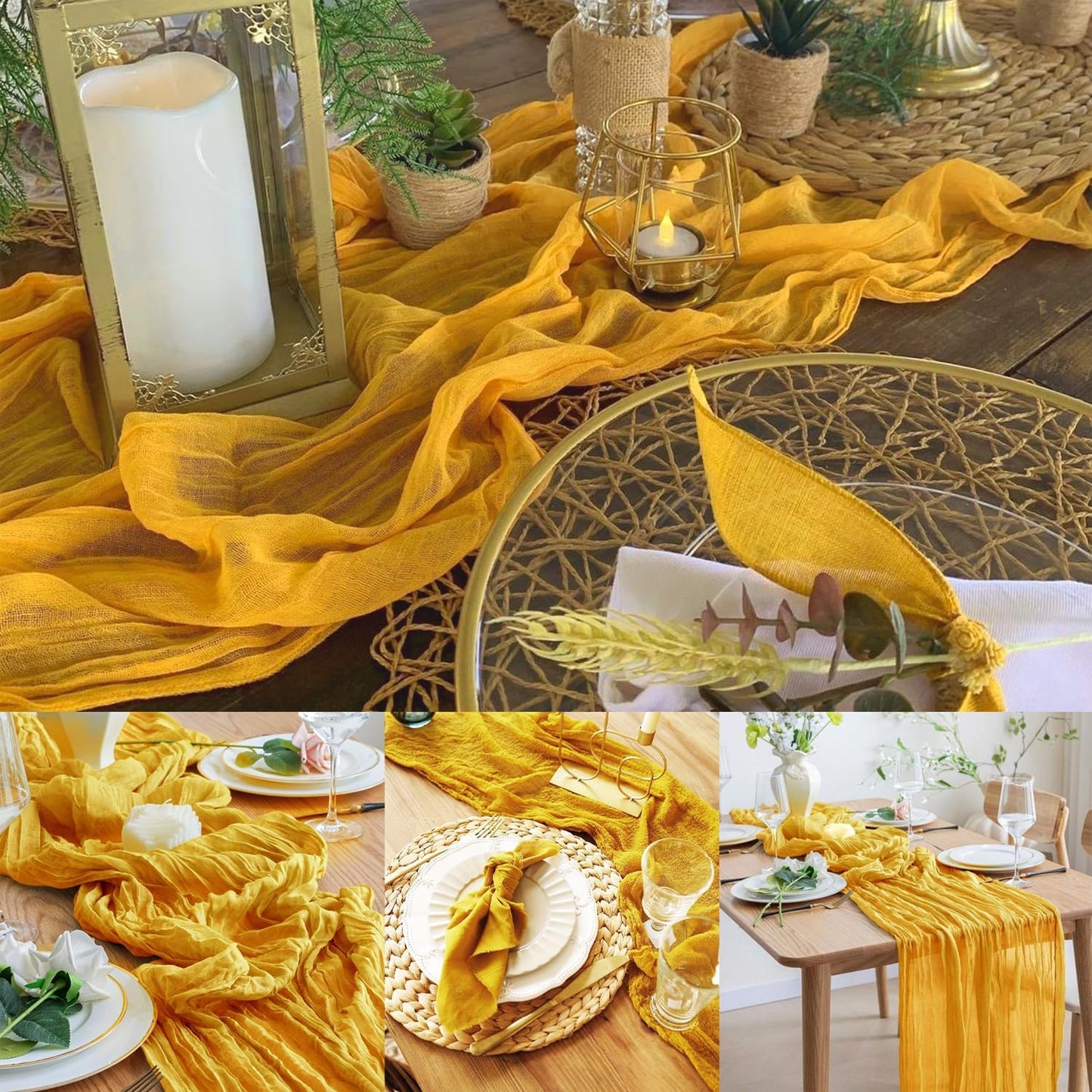 6 Pack Mustard 10FT Cheesecloth Table Runner Rustic Gauze Fabric Cheese Cloth Table Runner for Wedding Bridal Baby Shower Table Decor Boho Sheer Birthday Party Table Decorations 20 x 120 Inch Long