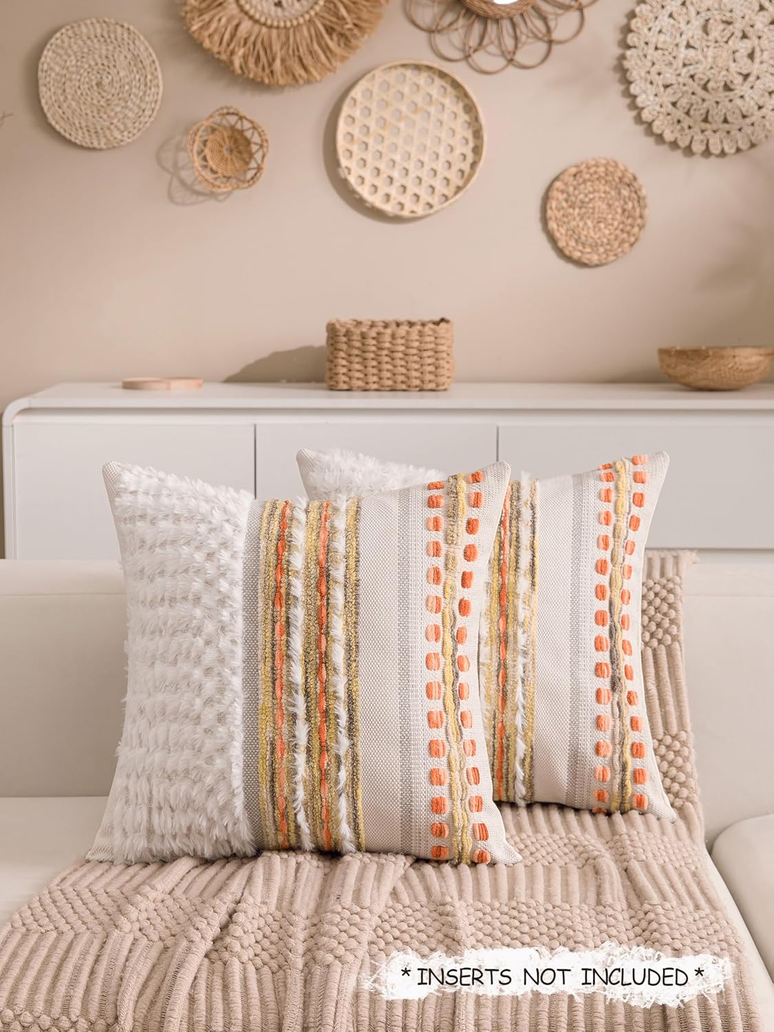 Fall Boho Chenille Tufted Throw Pillow Covers 18x18 Inch Set of 2 Farmhouse Striped Couch Decorative Pillow Covers Accent Neutral Pillowcase Yellow Orange Cushion Cover for Livingroom Sofa Bed