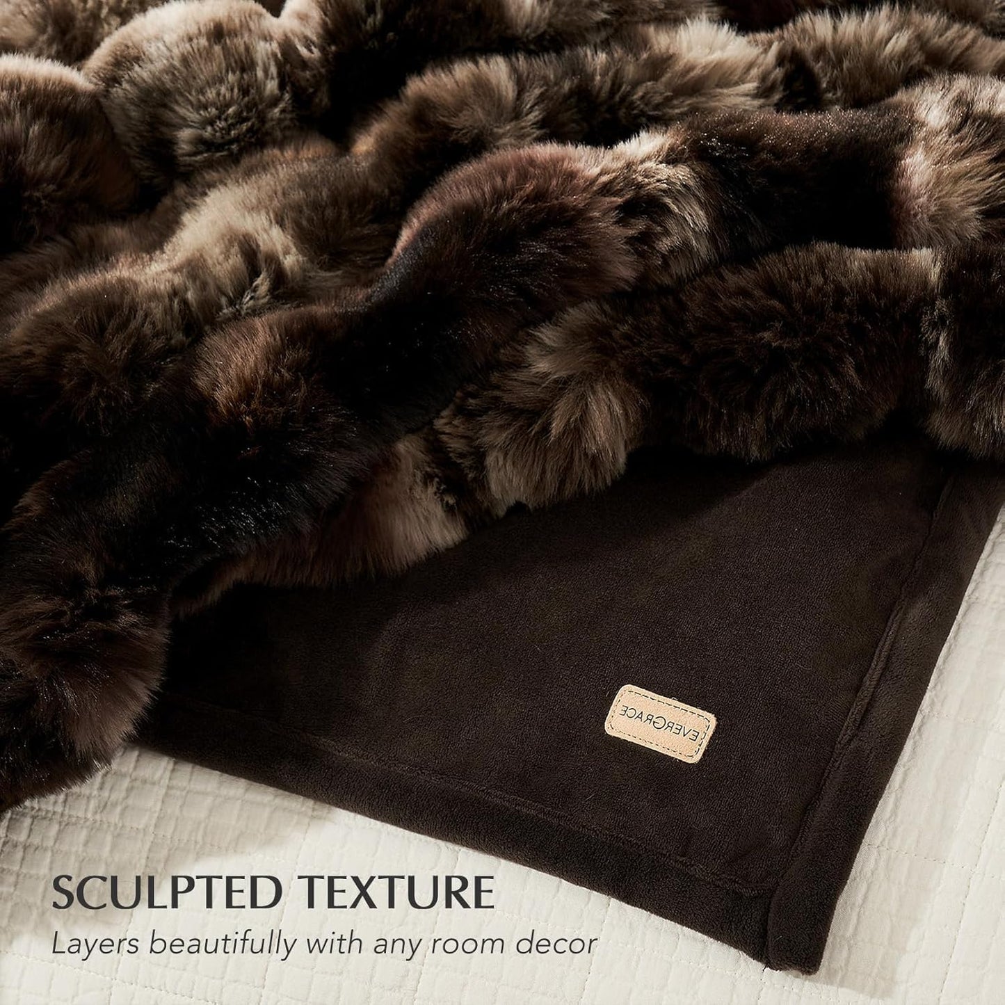 EVERGRACE Ultra Soft Luxury Fluffy Ridgeline Faux Rabbit Fur Throw Blanket, Thick Warm Bubble Throw for Bed, Cozy Plush Reversible Blankets for Couch, Chair, Sofa, Mocha Brown, 60x80 Inches, 870 GSM