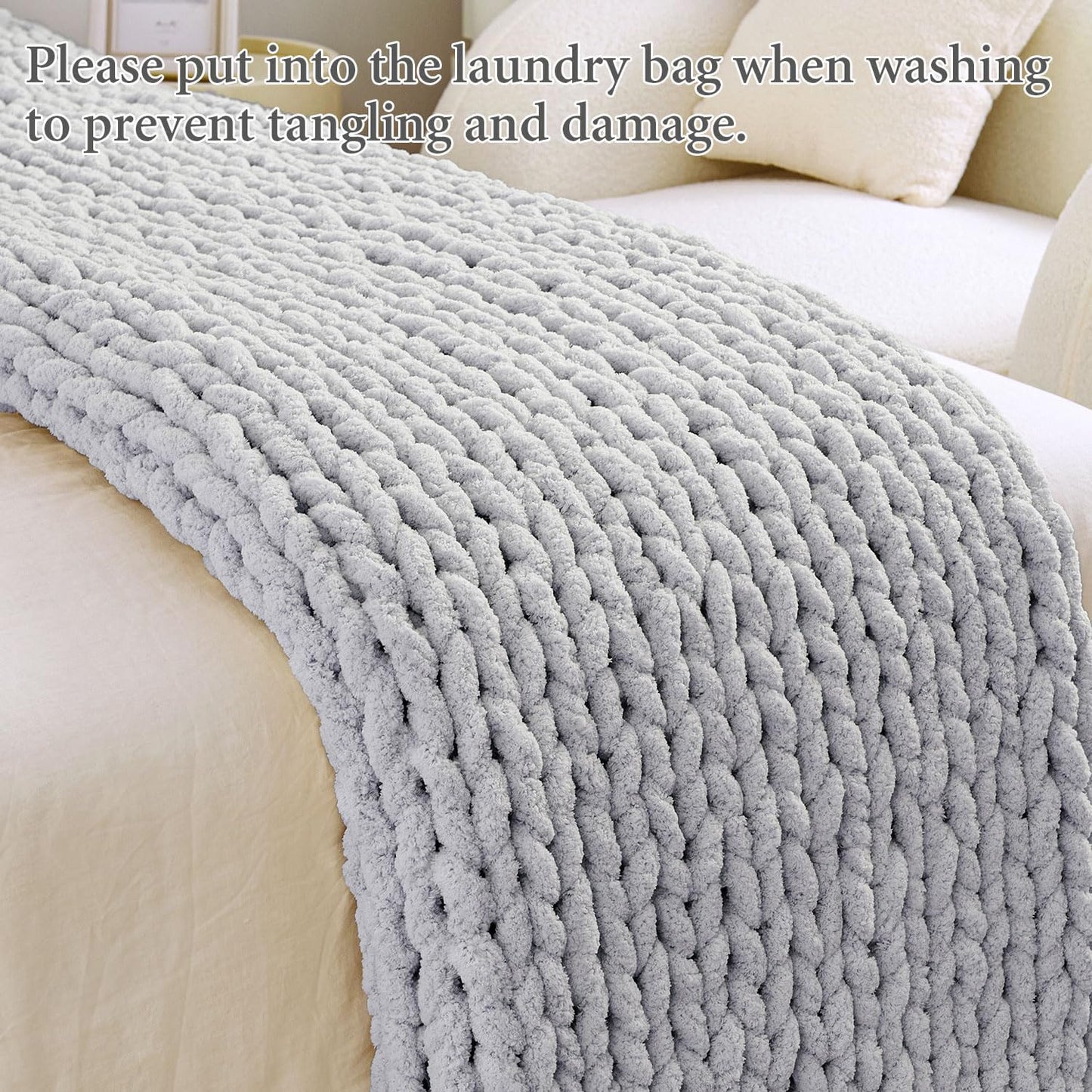Admitrack Chunky Knit Blanket Throw, 100% Hand Knit Chenille Throw Blanket for Sofa & Home Decor, Soft and Cozy Knitted Throw Blankets (Light Gray，51"x63")