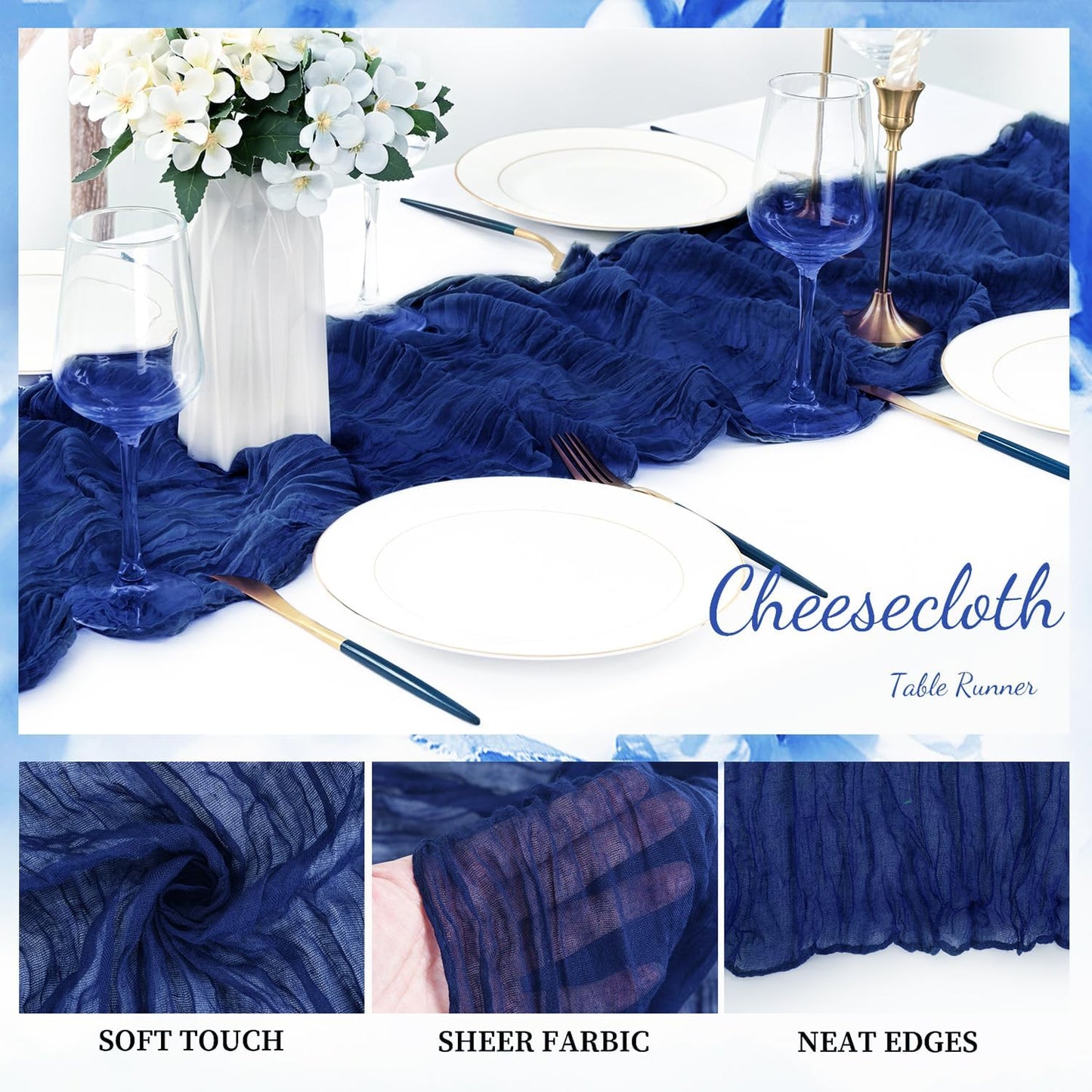 10FT 12 Pack Royal Blue Cheesecloth Table Runner 20 x 120 Inch Long Rustic Gauze Cheese Cloth Table Runner for Wedding Bridal Baby Shower Table Decorations Boho Fabric Sheer Birthday Party Table Decor