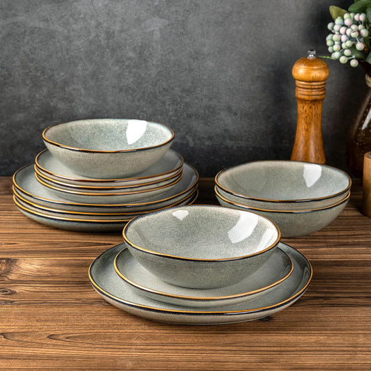 AmorArc Ceramic Dinnerware Sets,Handmade Reactive Glaze Stoneware Plates and Bowls Sets,Highly Chip and Crack Resistant | Dishwasher & Microwave Safe Dishes Set,Service for 4 (12pc)