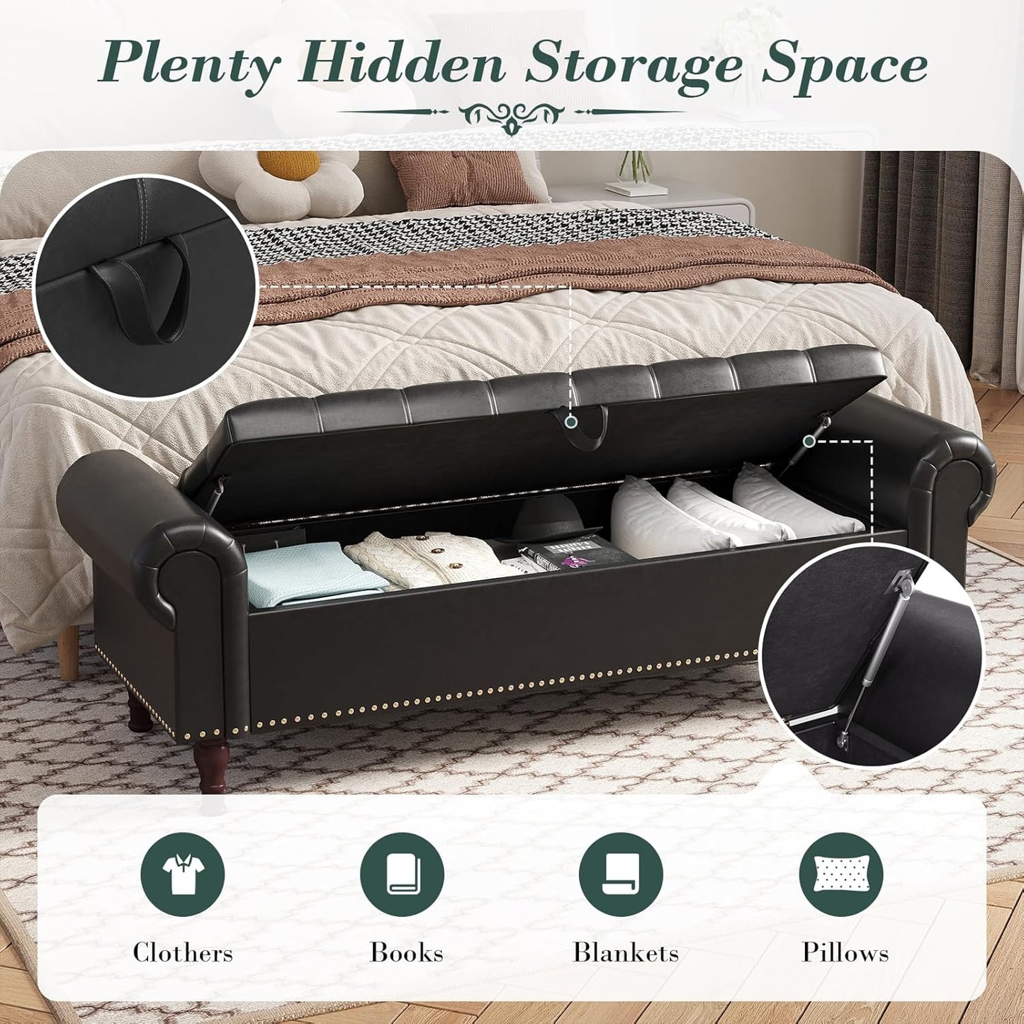 Apicizon 60”Storage Benches, Queen Size Faux Leather Bed Bench with Tufted Button, Upholstered Bench with Rolled Arm and Vintage Rivets for Foot of Bed, Living Room, Entrance，Black