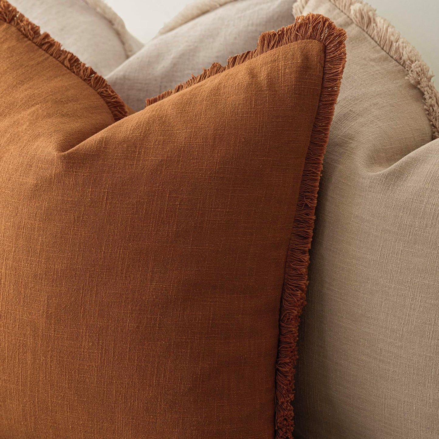 Foindtower Set of 2 Decorative Linen Fringe Throw Pillow Covers Cozy Boho Farmhouse Cushion Cover with Tassels Soft Accent Pillowcase for Couch Sofa Bed Living Room Home Decor, 22×22 Inch, Orange