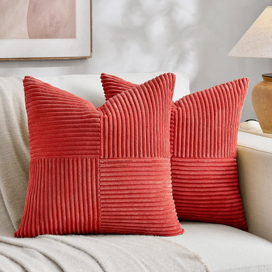 Fancy Homi 2 Packs Red Decorative Throw Pillow Covers 16x16 Inch for Living Room Couch Bed Sofa, Holiday Christmas Home Decor Gift, Soft Corss Patchwork Corduroy Textured Square Cushion Case 40x40 cm