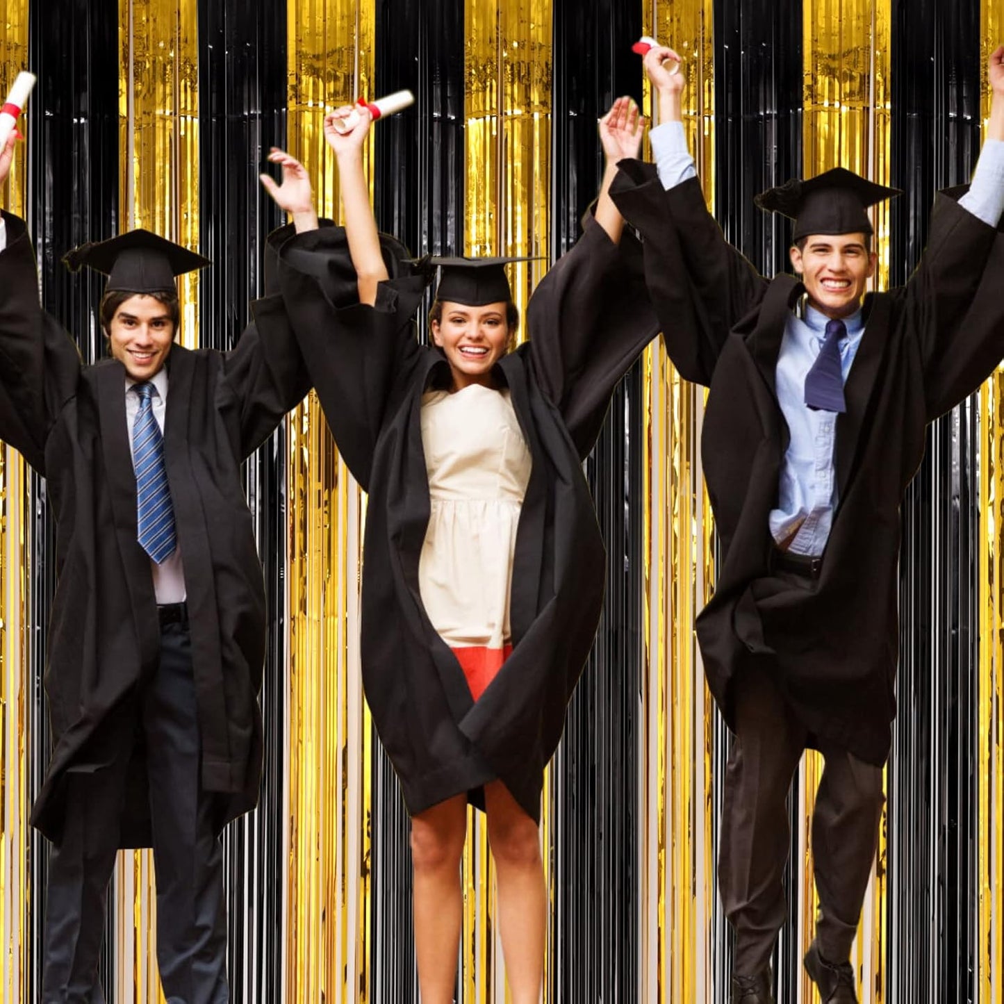 3 Pack 3.3x8.2 Feet Black and Gold Foil Fringe Backdrop Curtains, Tinsel Streamers Birthday Party Decorations, Fringe Backdrop for Graduation, Baby Shower, Gender Reveal, Disco Party