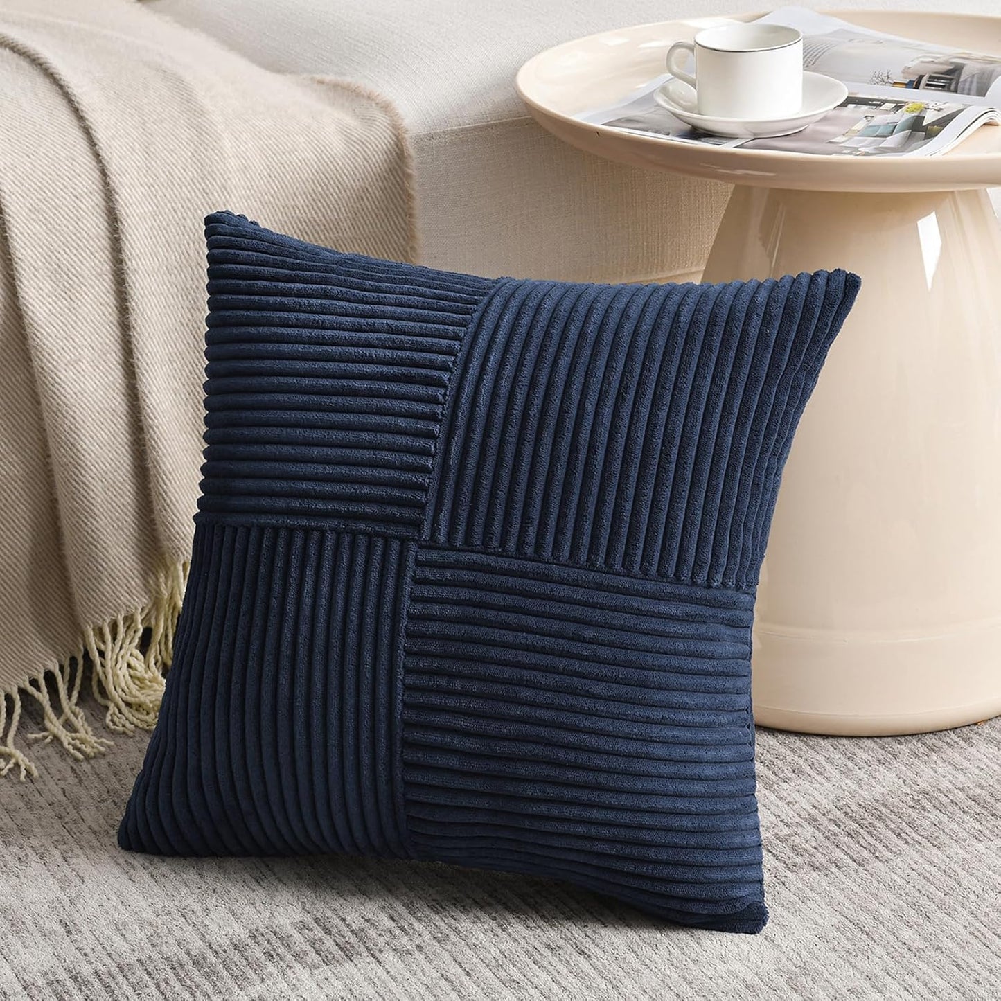 Fancy Homi 2 Packs Navy Blue Samll Decorative Throw Pillow Covers 14x14 Inch with for Couch Bed Sofa, Rustic Farmhouse Boho Home Decor, Soft Corss Patchwork Corduroy Square Cushion Case 35x35 cm