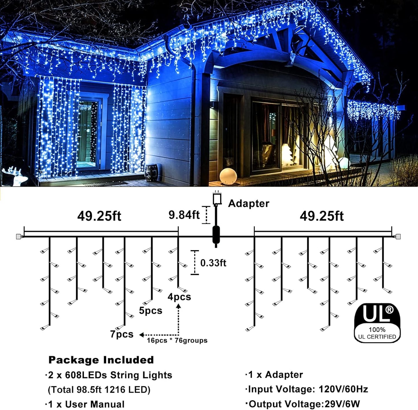98FT Blue Icicle Lights for Outside, 1216 LED Icicle Christmas Lights with 8 Modes 228 Drops, Curtain Twinkle Lights for Indoor Outdoor Bedroom House Holiday Party Wedding Decorations