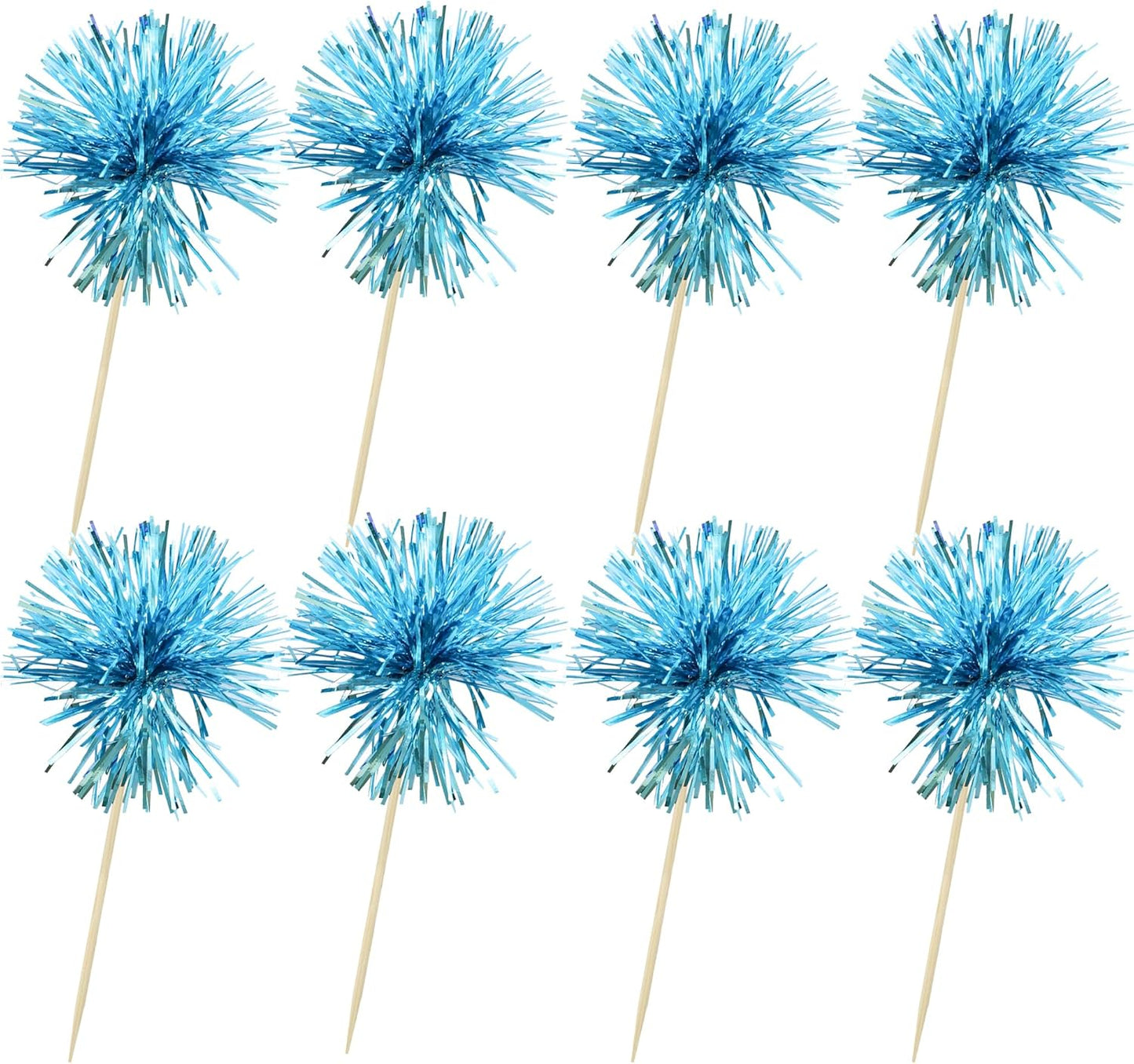 Ephlyn 30Pcs Foil Firework Cupcake Toppers Sparkle Tinsel Cupcake Picks Happy Birthday Cake Toppers Drink Stirrers Cocktail Food Toothpicks for Baby Shower Birthday Party Supplies Lake Blue