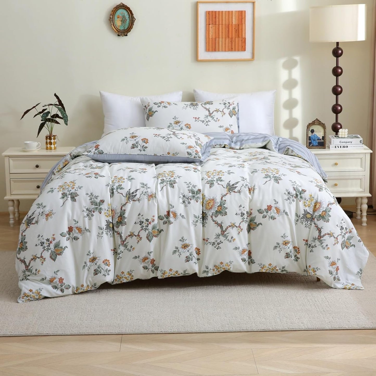 ABREEZE Floral Duvet Cover Queen Size Set Bird Flowers Bedding Set 100% Brushed Cotton Bedding Collection 1 Duvet Cover with 2 Pillowcases White