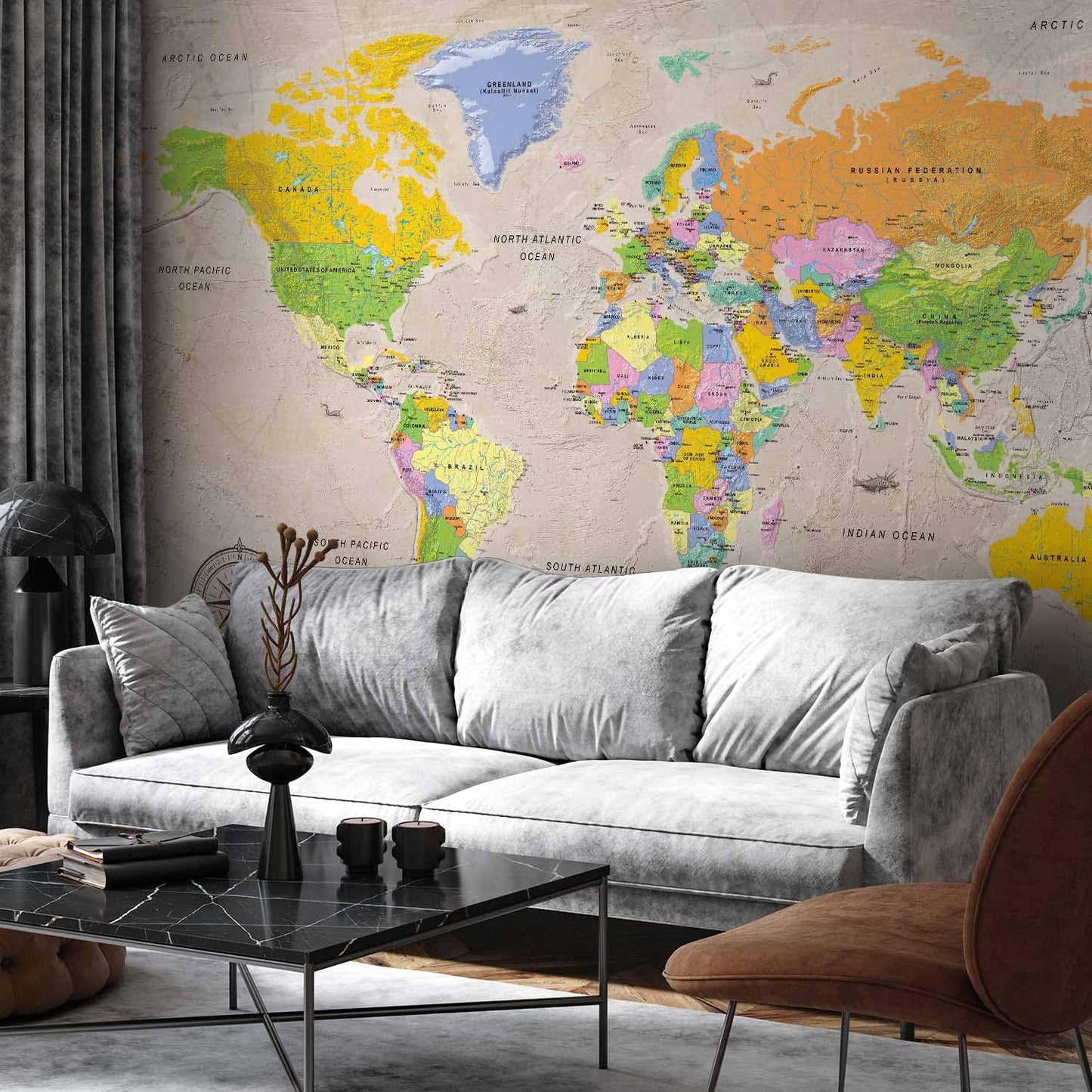artgeist Premium Wall Mural World Map 118x83 in - XXL Non-Woven Wallpaper Fleece Wall Decor Photo Print Picture Image Design Home Map of The World k-A-0129-a-a