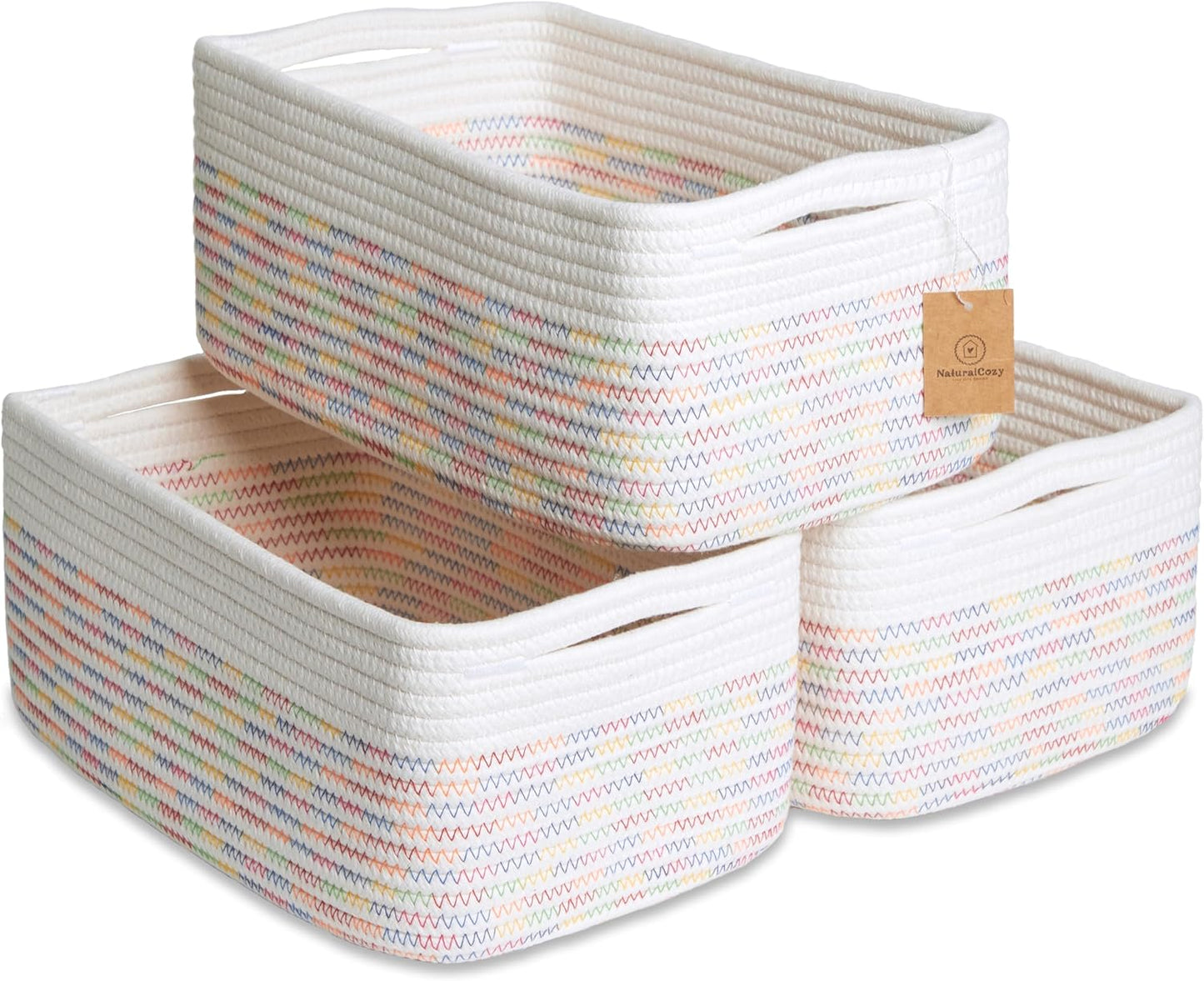 NaturalCozy 13.5”x8.5”x5.5” Rectangle Storage Baskets for Shelves 3 Pack | Cotton Rope Woven Small Baskets for Organizing | Small Storage Bins for Nursery, Bathroom, Closet, Shelf, Decorative