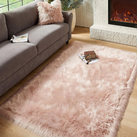 AMTOVO Faux Fur Sheepskin Rug for Living Room, 4 x 6 ft Pink Fluffy Area Rug for Bedroom, Playroom, Luxury Room Decor, Rectangle