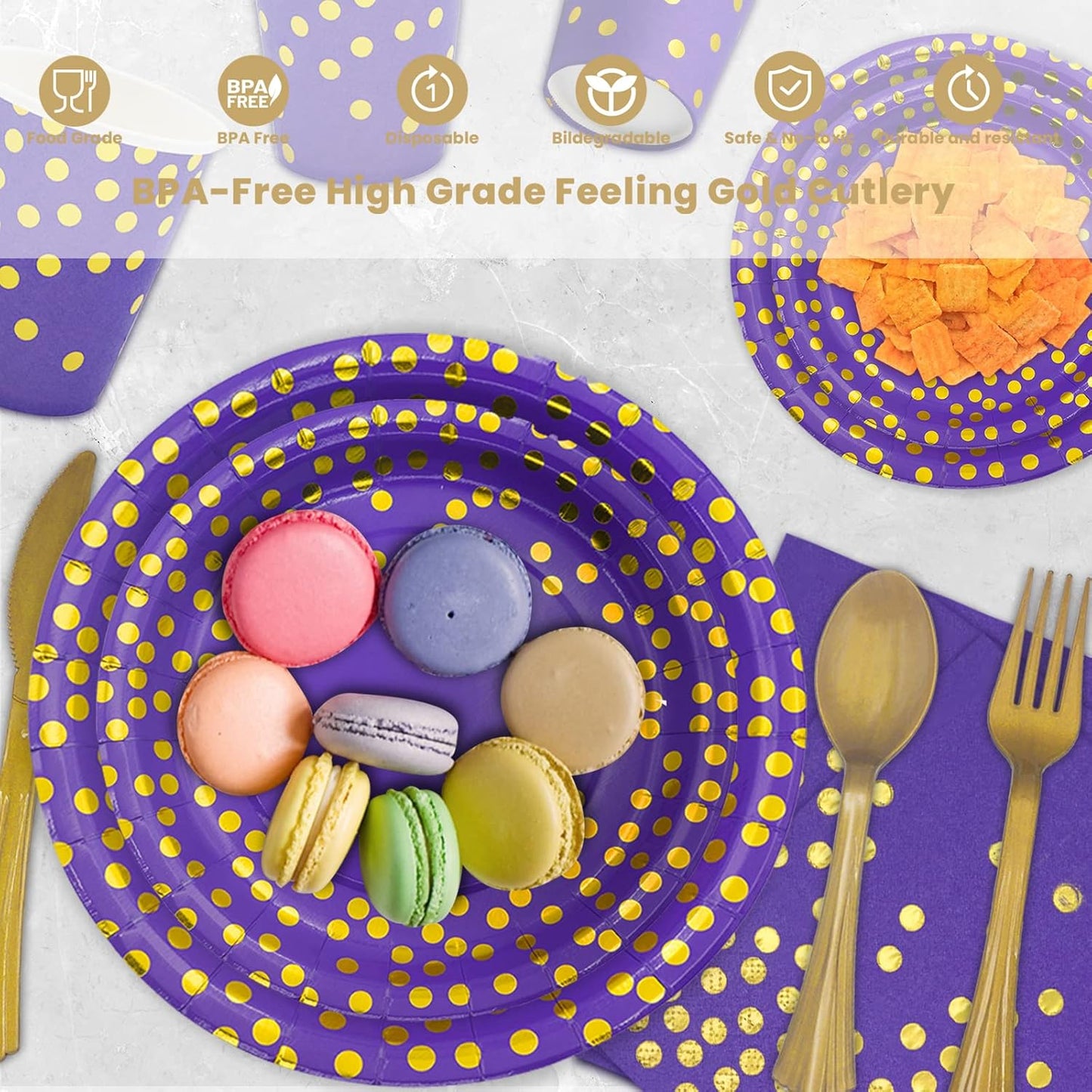 AIRE 175PCS Purple Gold Paper Plates Party Supplies for 25 Guests Party Decorations Disposable Dinnerware Paper Plates Cups Napkins Gold Plastic Forks Knives Spoons for Birthday Baby Shower Wedding