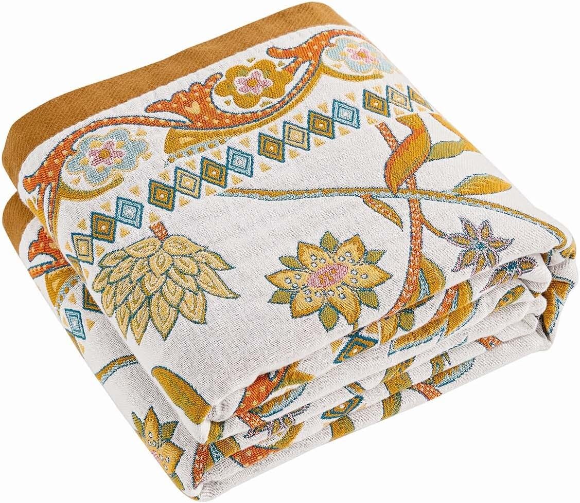 Fall Throw Blanket for Couch, Brown Boho Decorative Throw Blanket, 100% Cotton Muslin Breathable Woven Farmhouse Blankets Quilt, 90"x98" Reversible Lightweight Blankets Bohemian Throw Quilt