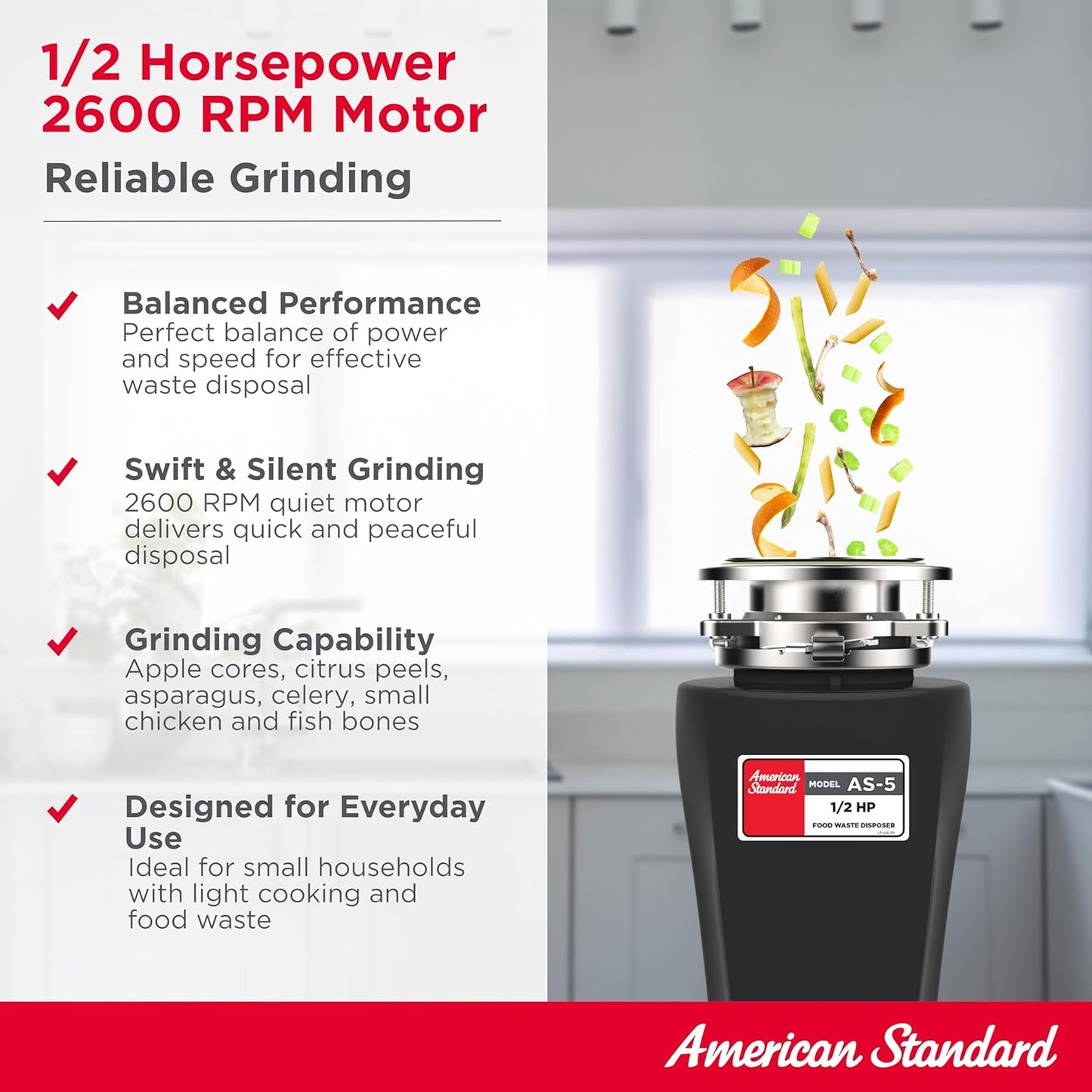 American Standard 10-US-AS-5 Garbage Disposal Anti-Jam Stainless Steel Food Waste Grinding System, Slim Line, 1/2 HP, Black