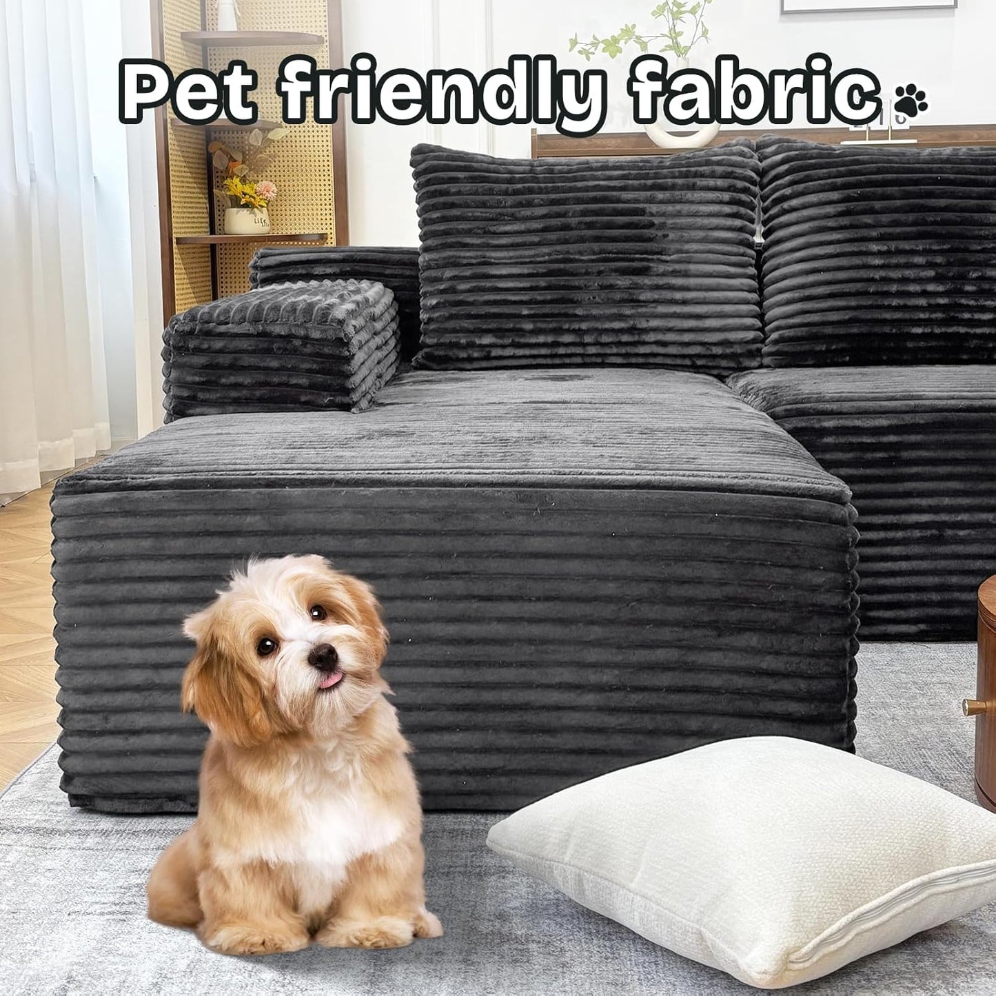 104" Modern Modular L-Shape Sofa Couch with Chaise Grey Faux Rabbit Fur Cloud Sectional Couch with Deep Seat Modular Sectional Sofa No Assembly Required Upholstered Couches for Living Room Bedroom