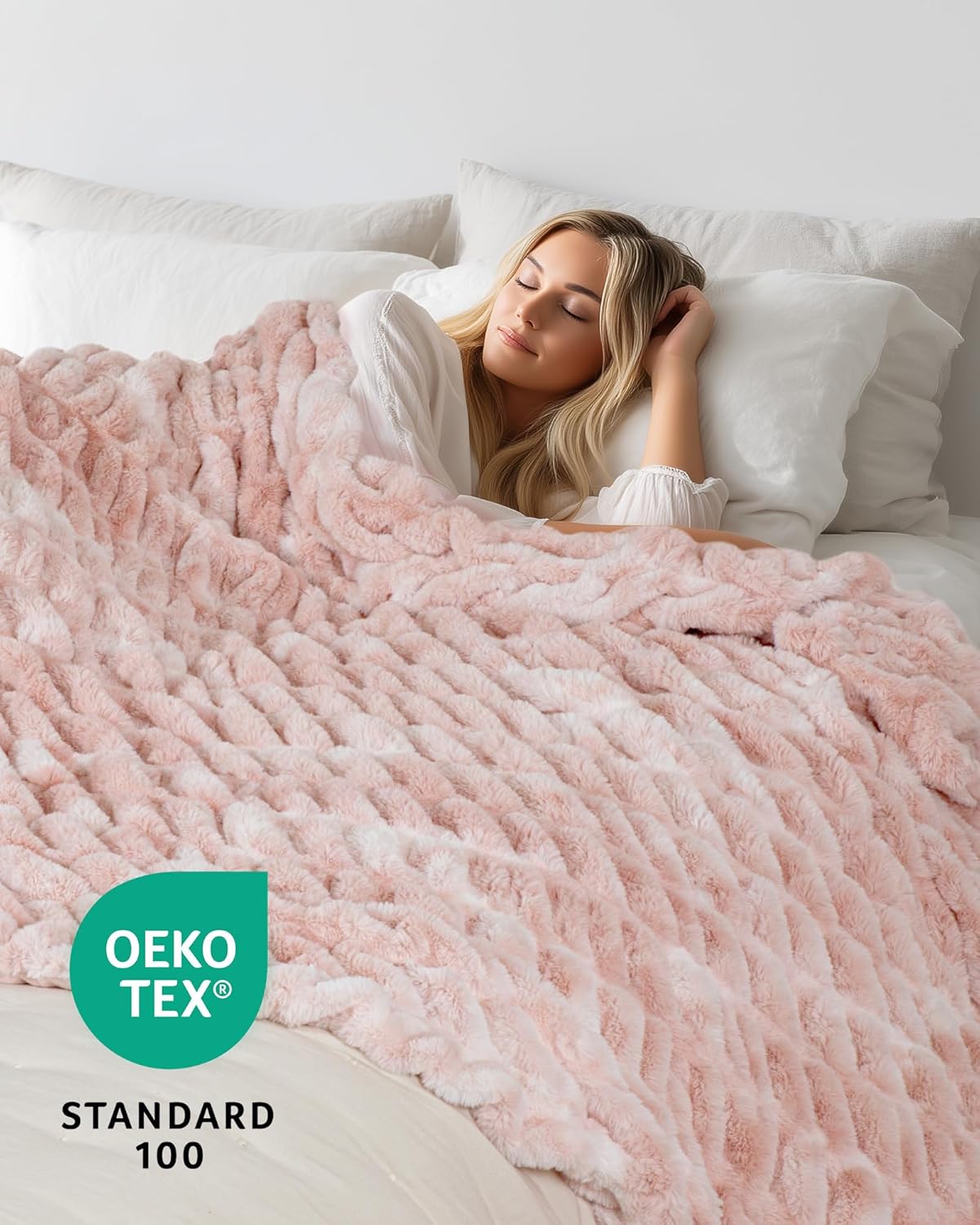 Faux Fur Blanket, Twin Size Oversized Throw Blanket for Couch, Fluffy Blanket with Stretch Ruched Design, Ultra Soft Giftable Home Decor, 60x80 inches, Tie-Dyed in Pink