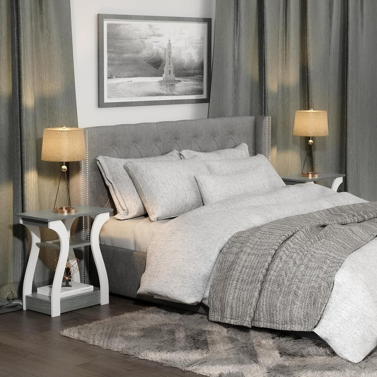 End Tables Living Room Set of 2,Grey End Table with Charging Station,Grey Side Table, Nightstand for Bedroom, 3 Tier End Table with Storage Shelf for Living Room