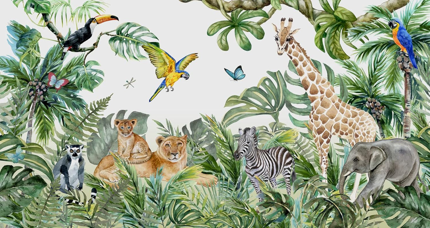 Safari Wallpaper for Children with Animals Jungle Wall Mural Watercolor Animals Nursery Wallpaper Kids Room Decor(Not Peel n' Stick)