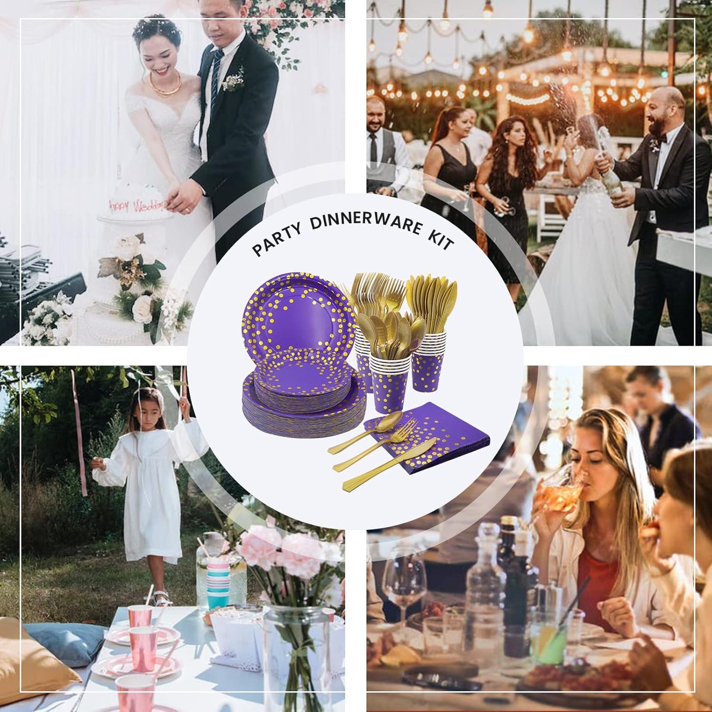 AIRE 175PCS Purple Gold Paper Plates Party Supplies for 25 Guests Party Decorations Disposable Dinnerware Paper Plates Cups Napkins Gold Plastic Forks Knives Spoons for Birthday Baby Shower Wedding