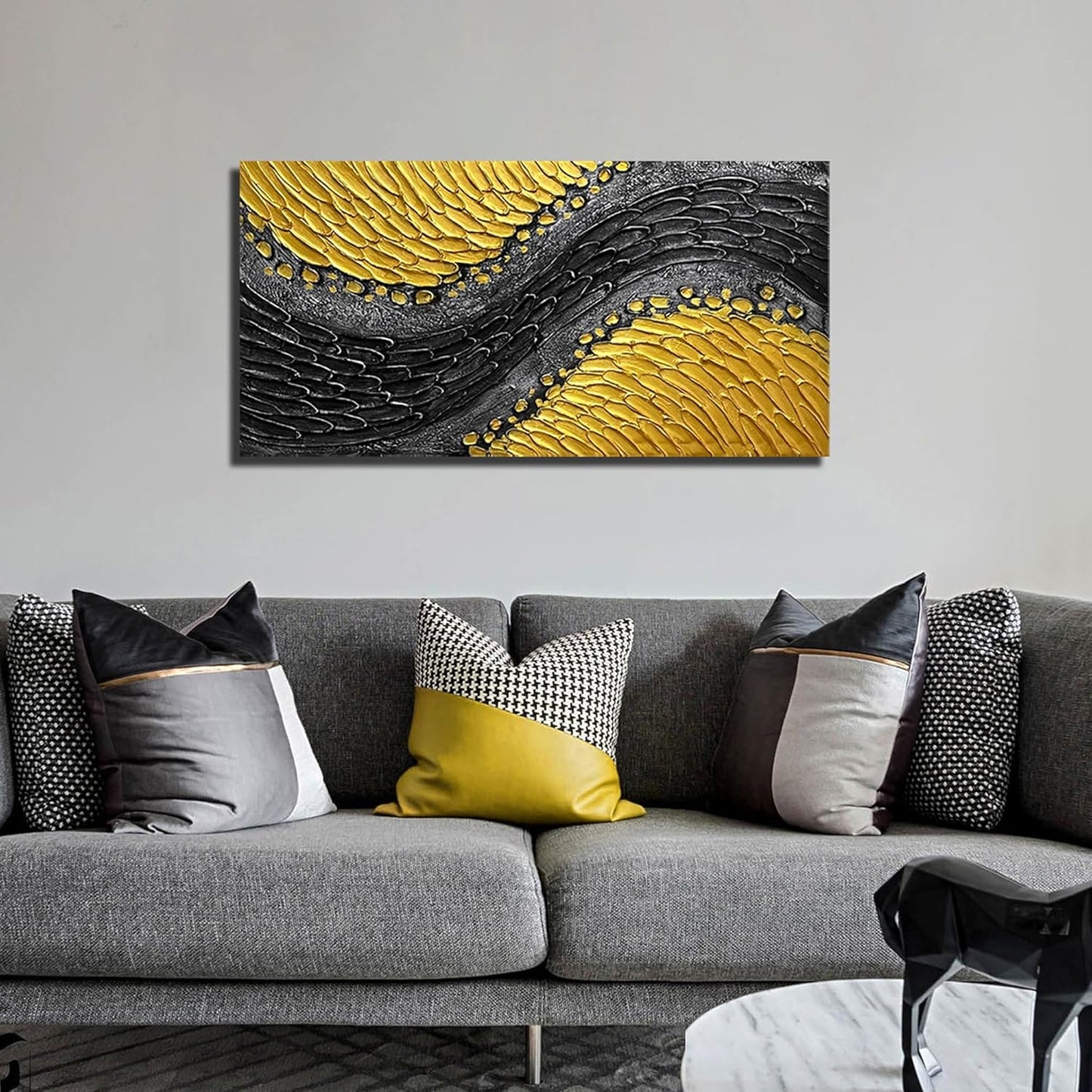 Abstract Painting Wall Art for Living Room Black and Gold Wall Art for Office Canvas Wall Decor for Bedroom Size 20 x 40 Inch
