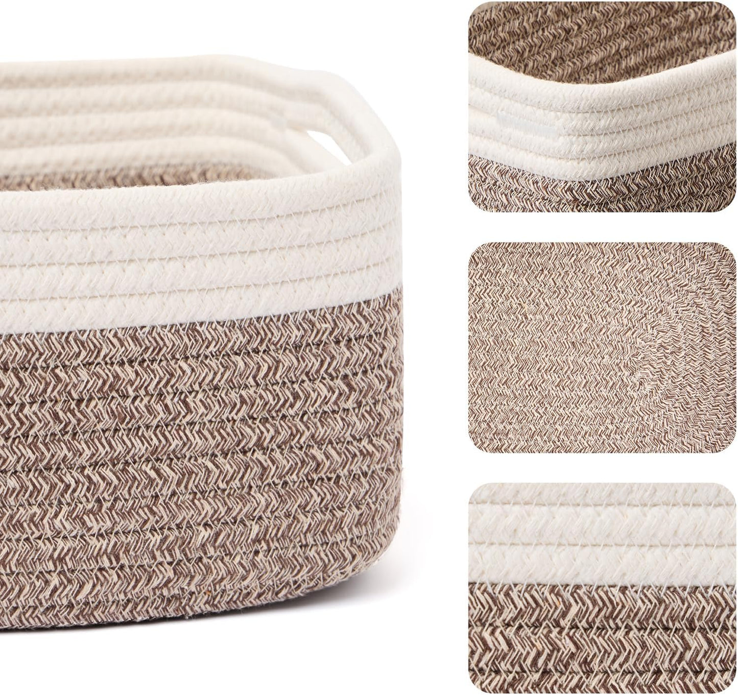 Small Storage Baskets for Organizing | Closet Organizer Bins | Shelf Toy Basket | Woven Rope Baskets | Cube Decorative Box | Shallow Basket | 13x8.5x5.1” | 4 Packs White Brown
