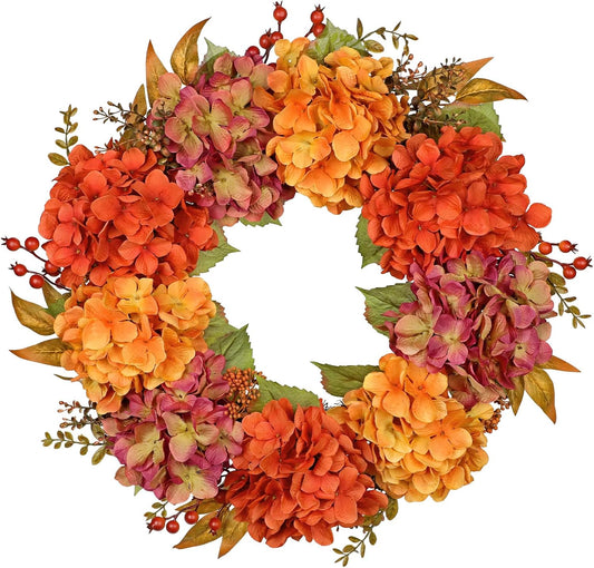 Artificial Fall Wreath for Front Door – 24 Inch Hydrangea Floral Wreath with Orange & Burgundy Flowers, Autumn Thanksgiving Door Décor