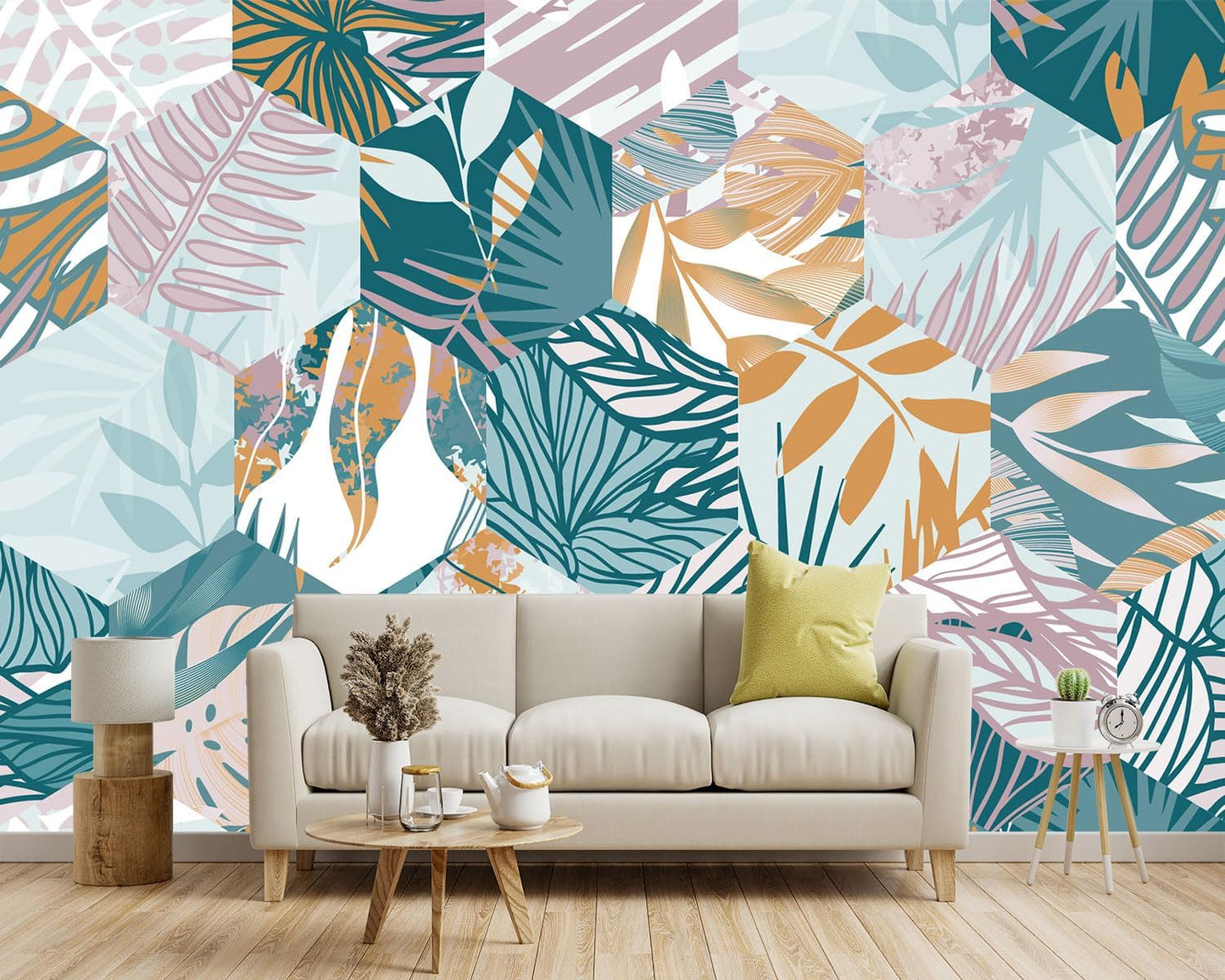 -Abstract Geometry Botanical Banana Leaf Fabric Wallpaper Living Room Bedroom Bathroom Tropical Plant Leaf Large Wall Mural- 160"x108"（ not Peel and Stick）