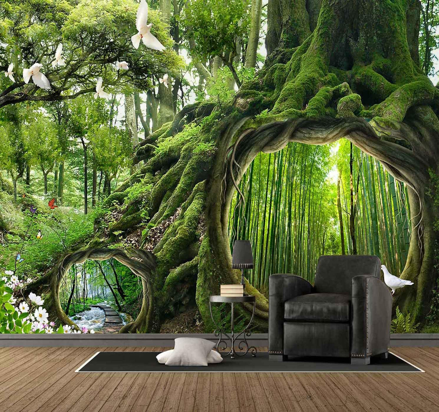 Fantasy Forest Landscape Wall Mural Wallpaper Bamboo and Stream Wallpaper for Bedroom Living Room TV Background Sofa Wall (not self-Adhesive)