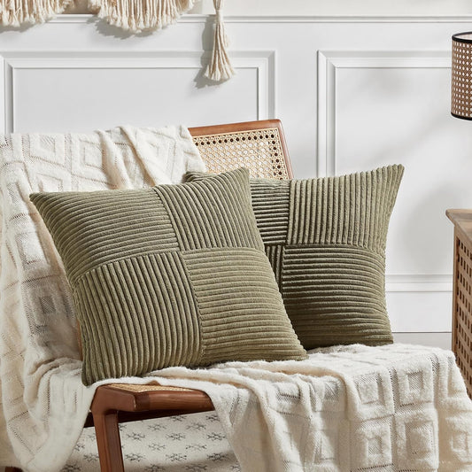 Fancy Homi 2 Packs Olive Green Euro Decorative Throw Pillow Covers 26x26 Inch for Living Room Couch Bed, Rustic Farmhouse Boho Home Decor, Soft Corss Corduroy Patchwork Textured Cushion Case 66x66 cm