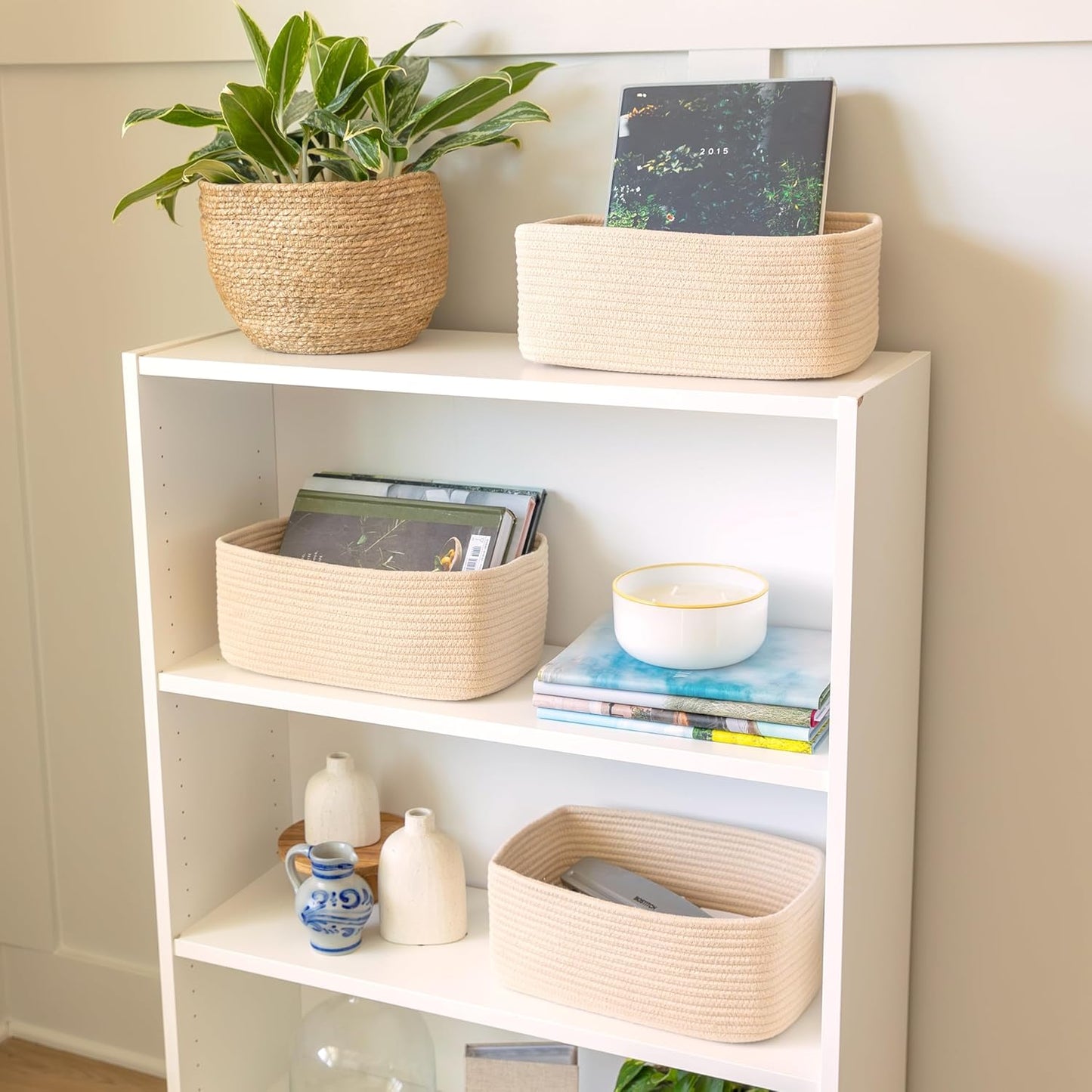 NaturalCozy 13.5”x8.5”x5.5” Storage Baskets for Shelves 3 Pack | Cotton Rope Woven Small Baskets for Organizing | Small Storage Bins for Nursery, Bathroom, Closet, Cube Shelf, Decorative, Gift